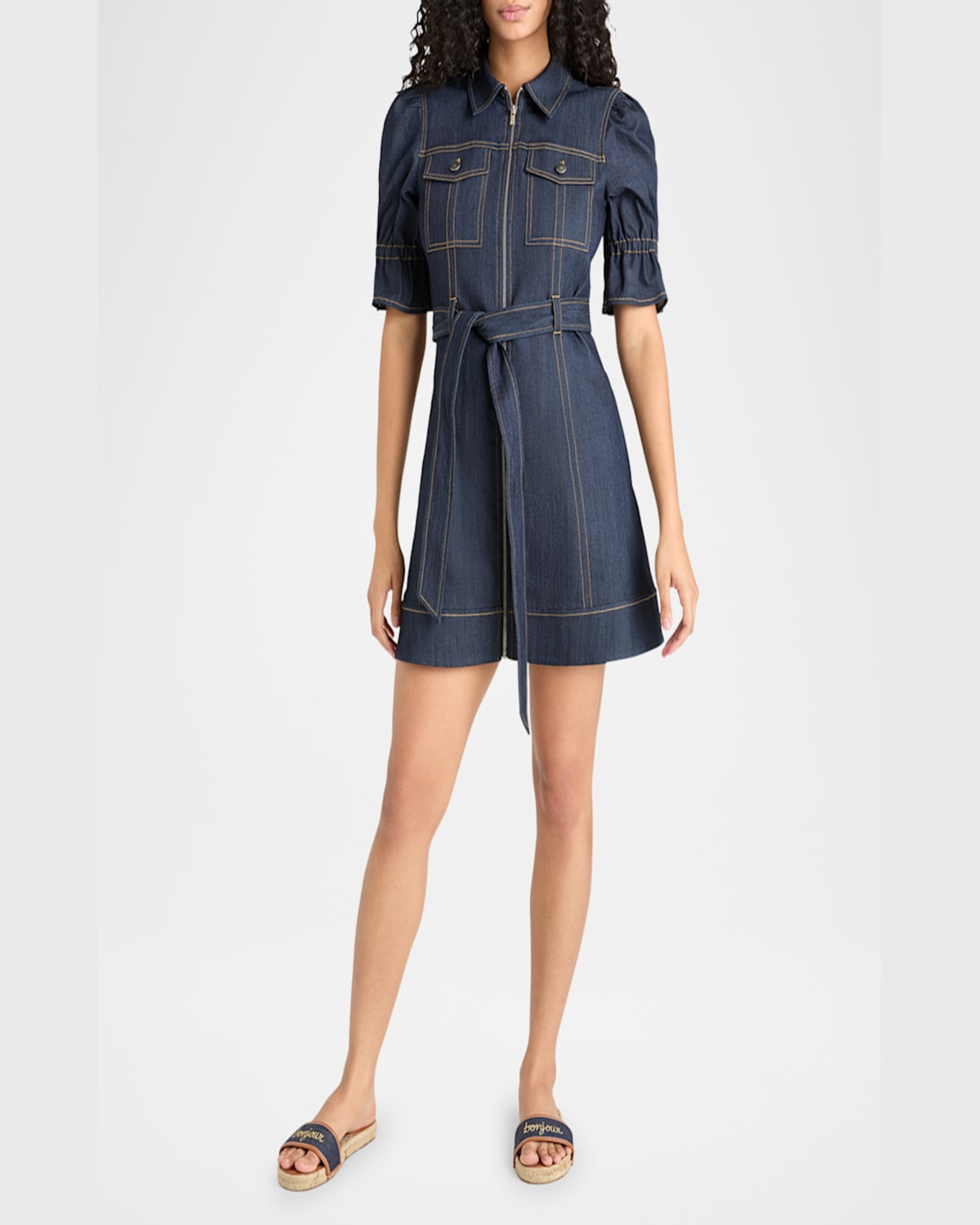 Cinq À Sept Holly Puff Sleeve Belted Denim Shirtdress In Indigo