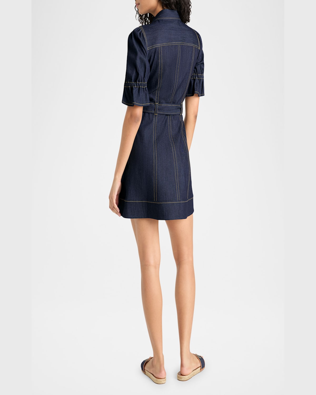 Cinq À Sept Holly Puff Sleeve Belted Denim Shirtdress In Indigo