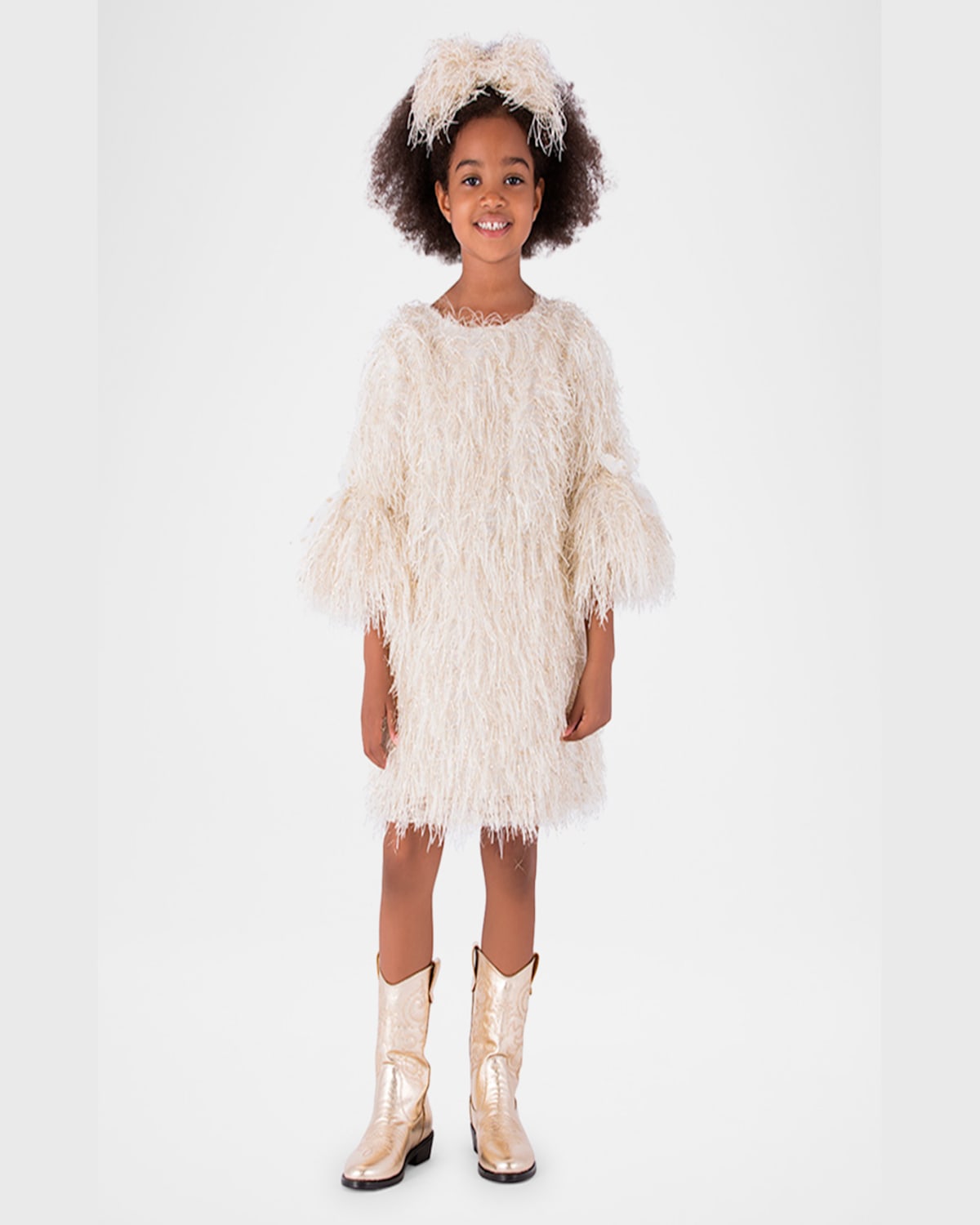 Shop Mama Luma Girl's Fringe-sleeve Feathered Dress In Gold