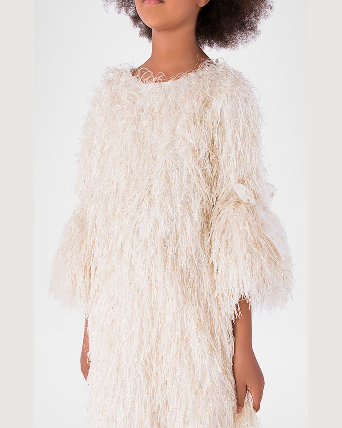 Shop Mama Luma Girl's Fringe-sleeve Feathered Dress In Gold