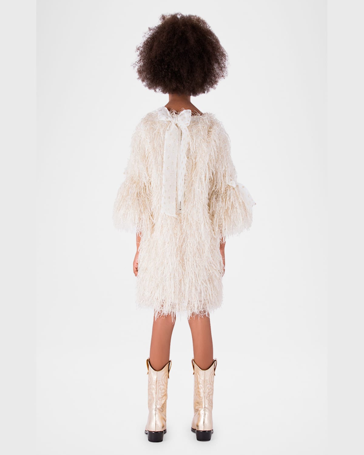 Shop Mama Luma Girl's Fringe-sleeve Feathered Dress In Gold
