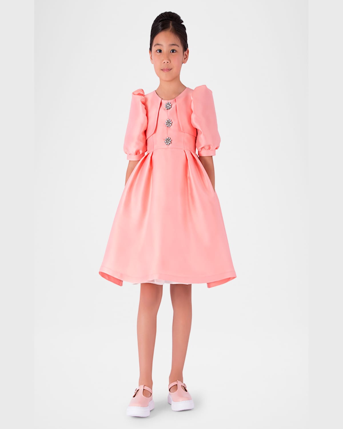Shop Mama Luma Girl's Brooch Balloon-sleeve Dress In Orange