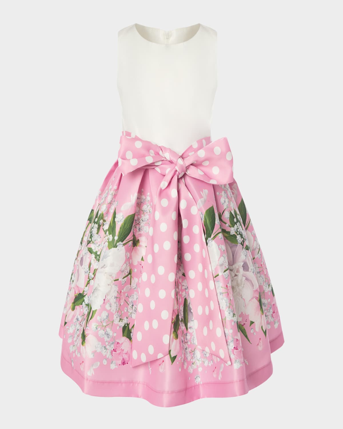 Mama Luma Girl's Sleeveless Floral & Polka Dot Dress With Bow In Pink