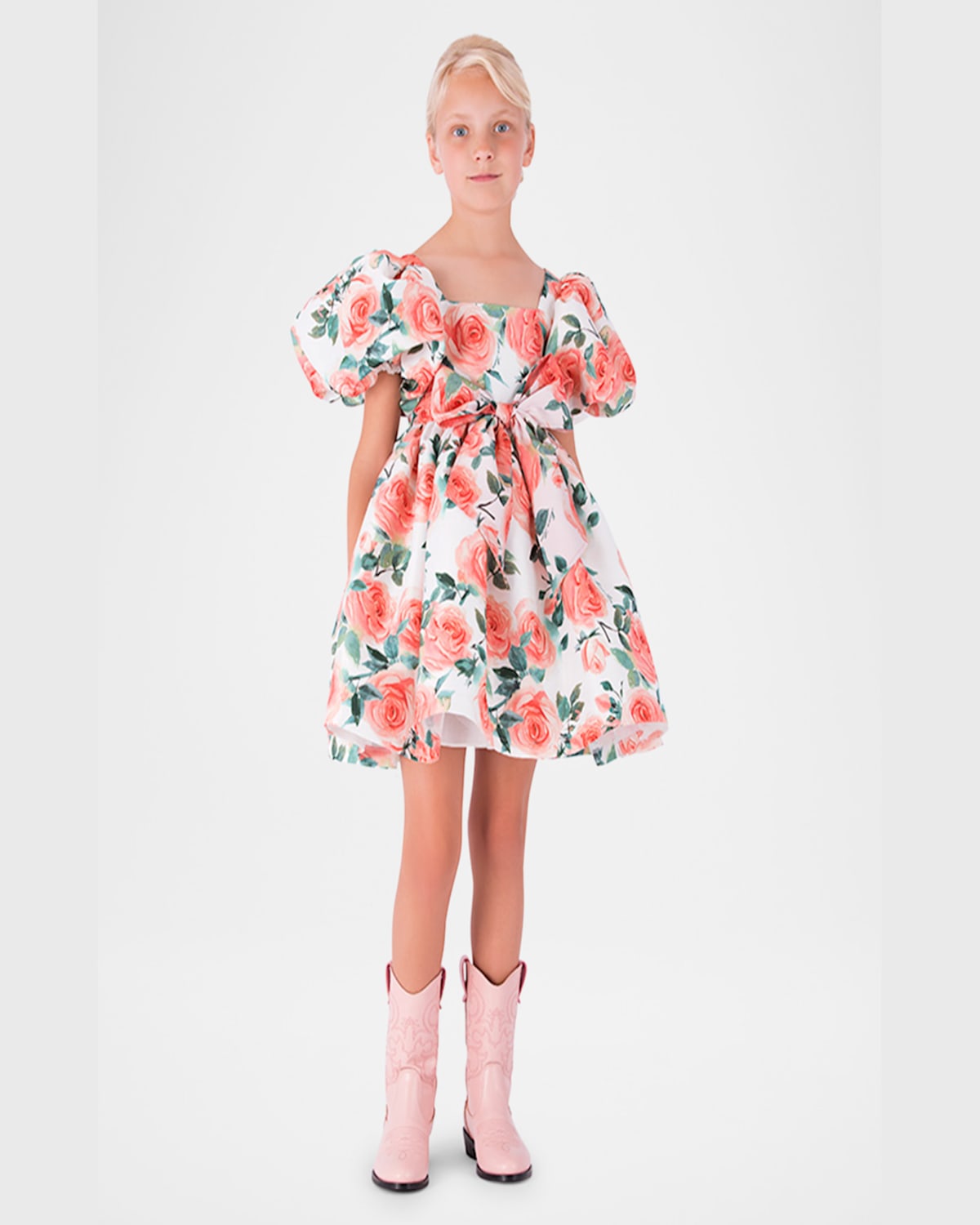 Shop Mama Luma Girl's Rose Balloon-sleeve Dress In Orange