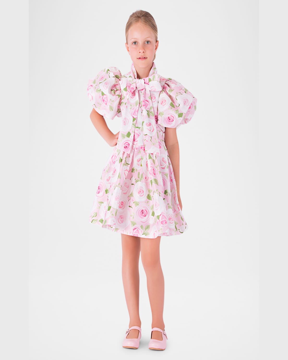 Shop Mama Luma Girl's Floral Puff-sleeve Dress With Bow In Multi