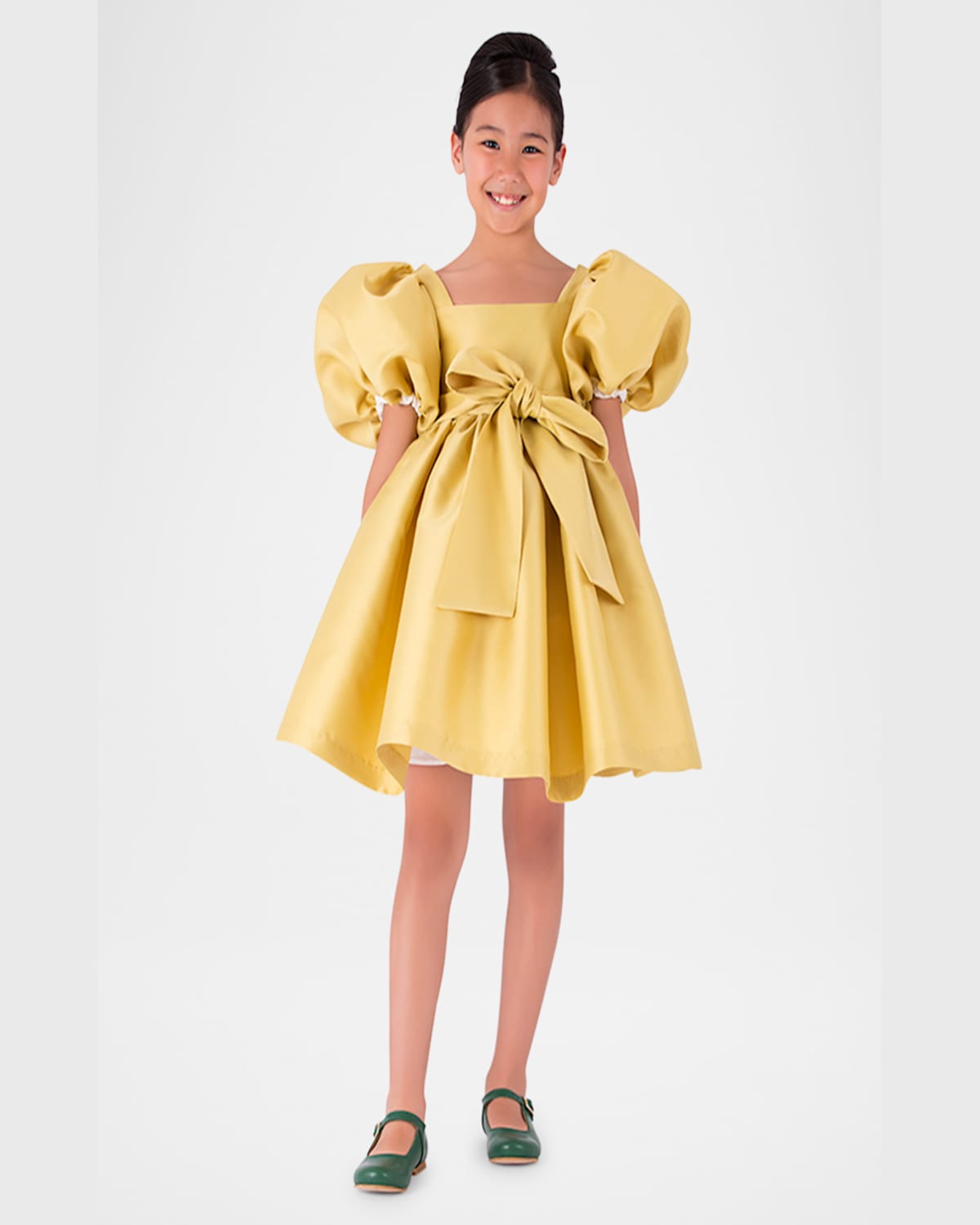 Shop Mama Luma Girl's Balloon-sleeve Bow Belted Dress In Yellow