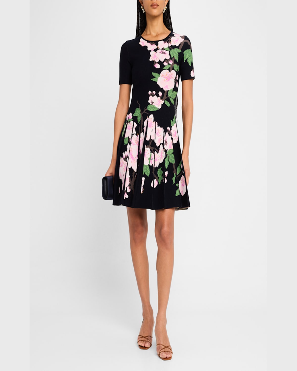 Oscar De La Renta Cherry Blossom Pleated Jacquard Dress