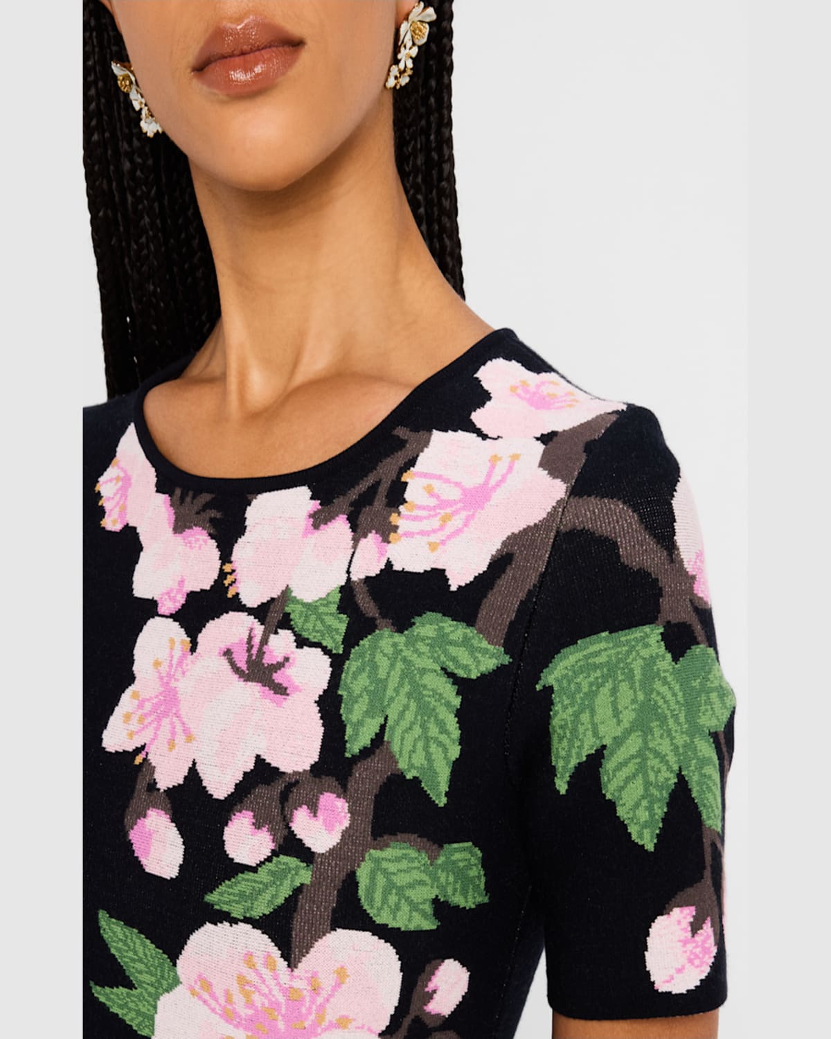 Oscar De La Renta Cherry Blossom Pleated Jacquard Dress