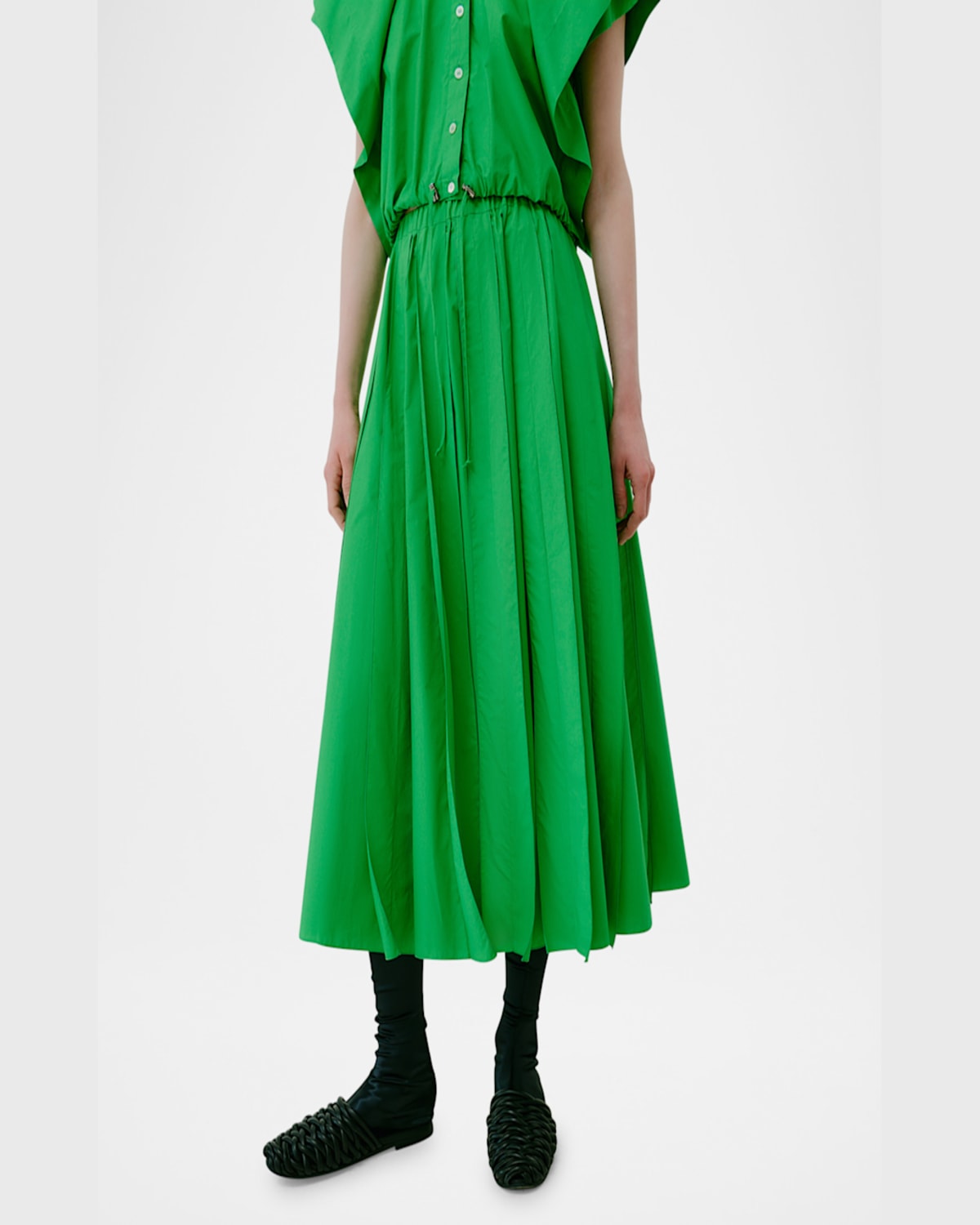 Mantù A-line Reverse Seam Cotton Midi Skirt In Green