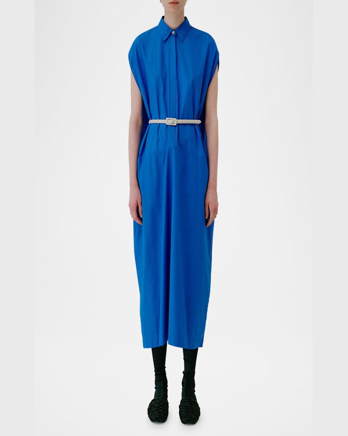 Mantù Belted Draped-back Cotton Midi Shirtdress In Bluette