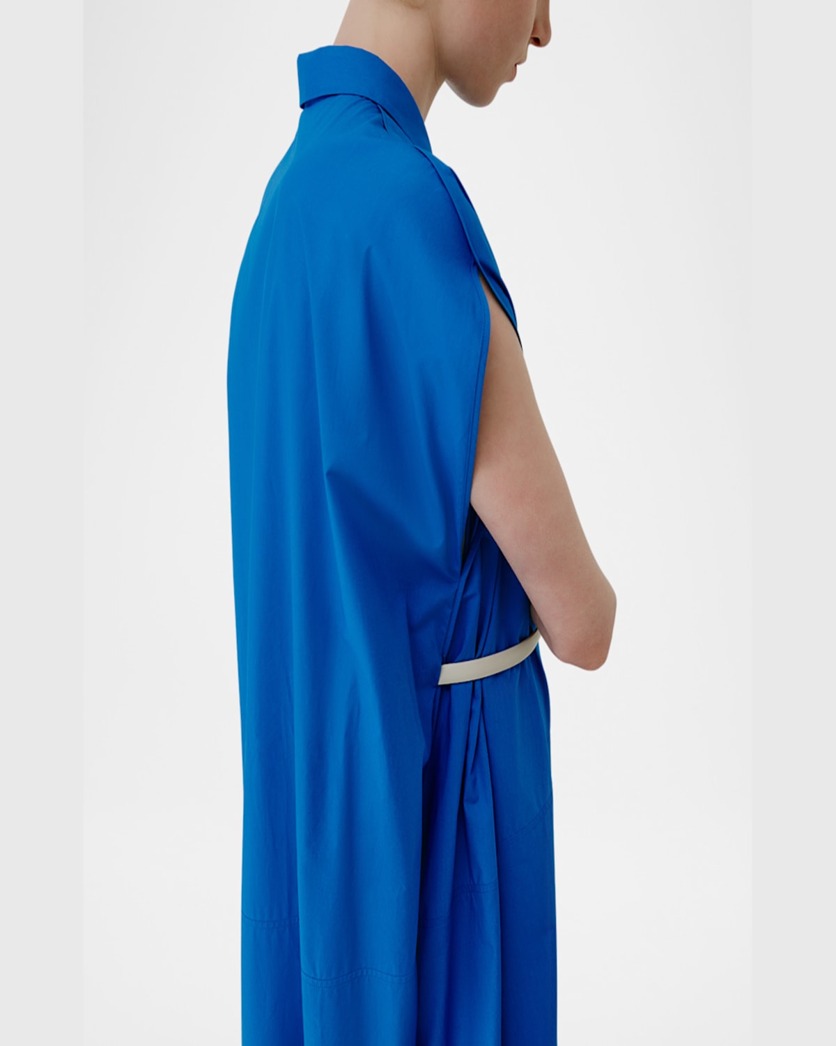 Mantù Belted Draped-back Cotton Midi Shirtdress In Bluette