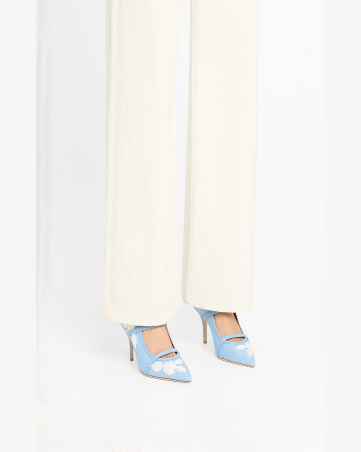 Shop Malone Souliers Maureen Raffia Dual-band Mule Pumps In Sky Blue White