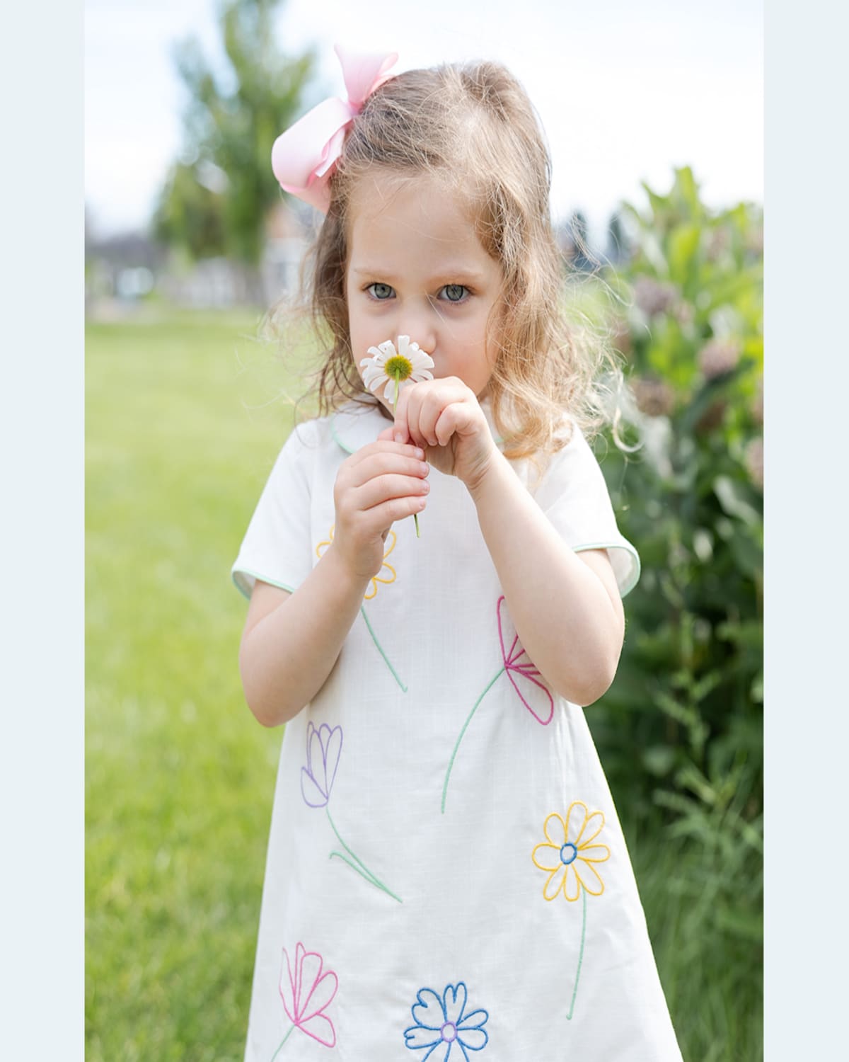 Shop Florence Eiseman Girl's Linen Dress W/ Embroidered Flowers In Ivory