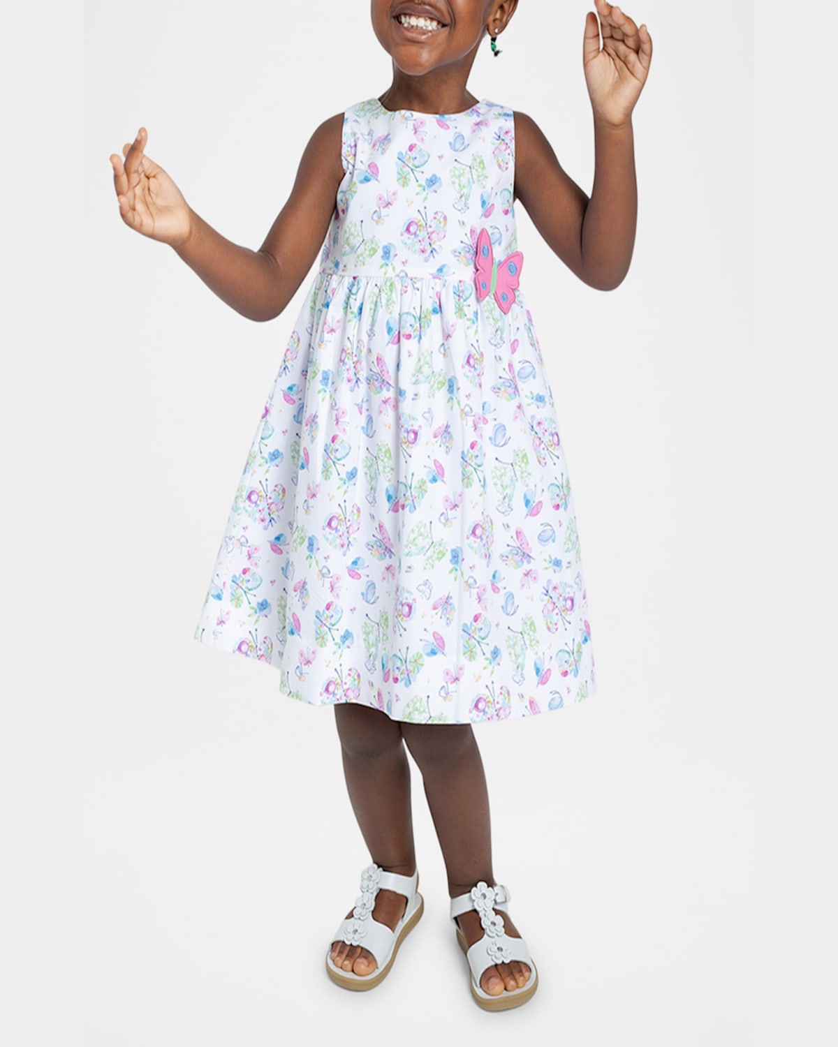 Shop Florence Eiseman Girl's Butterfly-print Dress W/ Applique In Wht/multi