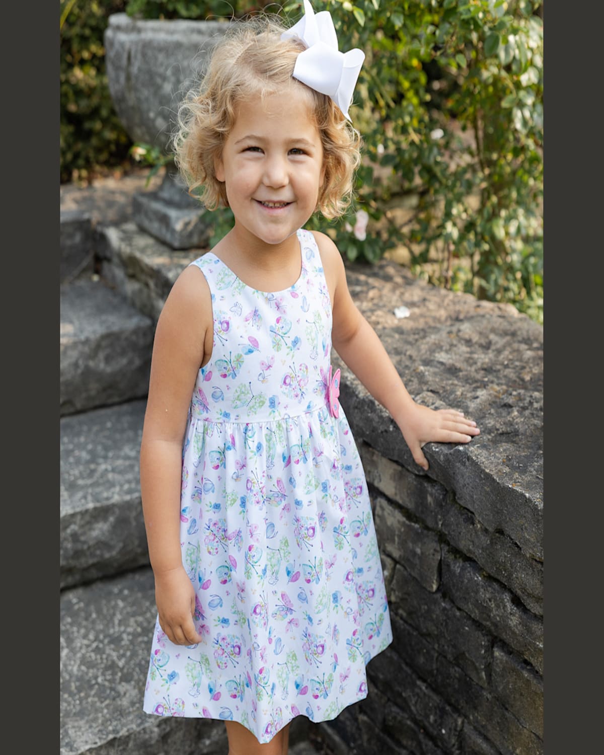 Shop Florence Eiseman Girl's Butterfly-print Dress W/ Applique In Wht/multi