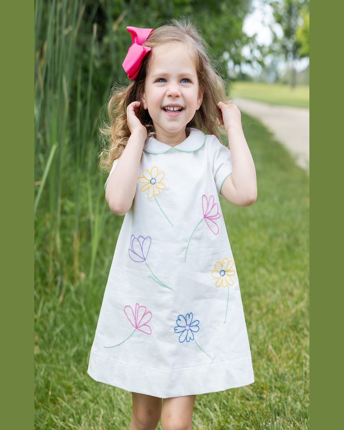 FLORENCE EISEMAN GIRL'S LINEN DRESS W/ EMBROIDERED FLOWERS 