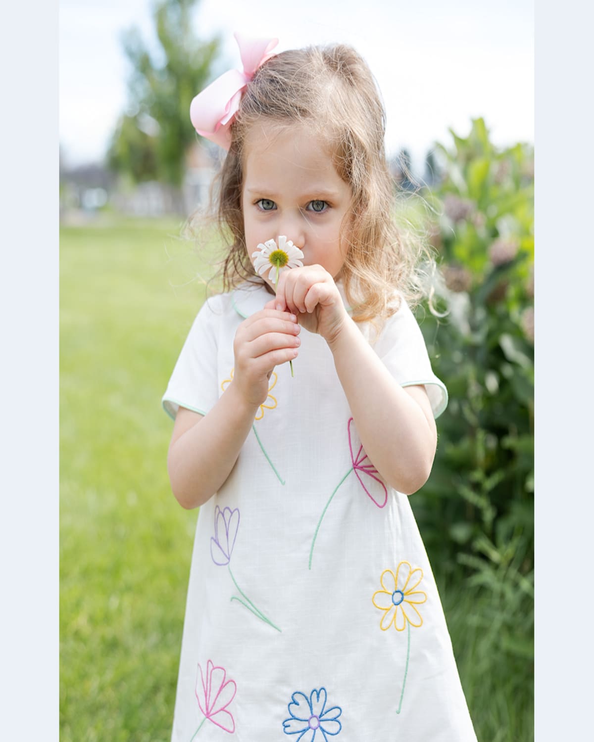 FLORENCE EISEMAN GIRL'S LINEN DRESS W/ EMBROIDERED FLOWERS 
