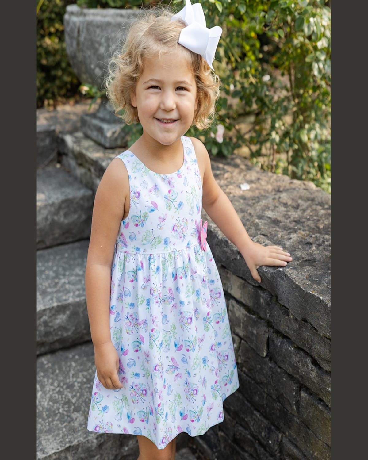 FLORENCE EISEMAN GIRL'S BUTTERFLY-PRINT DRESS W/ APPLIQUE 