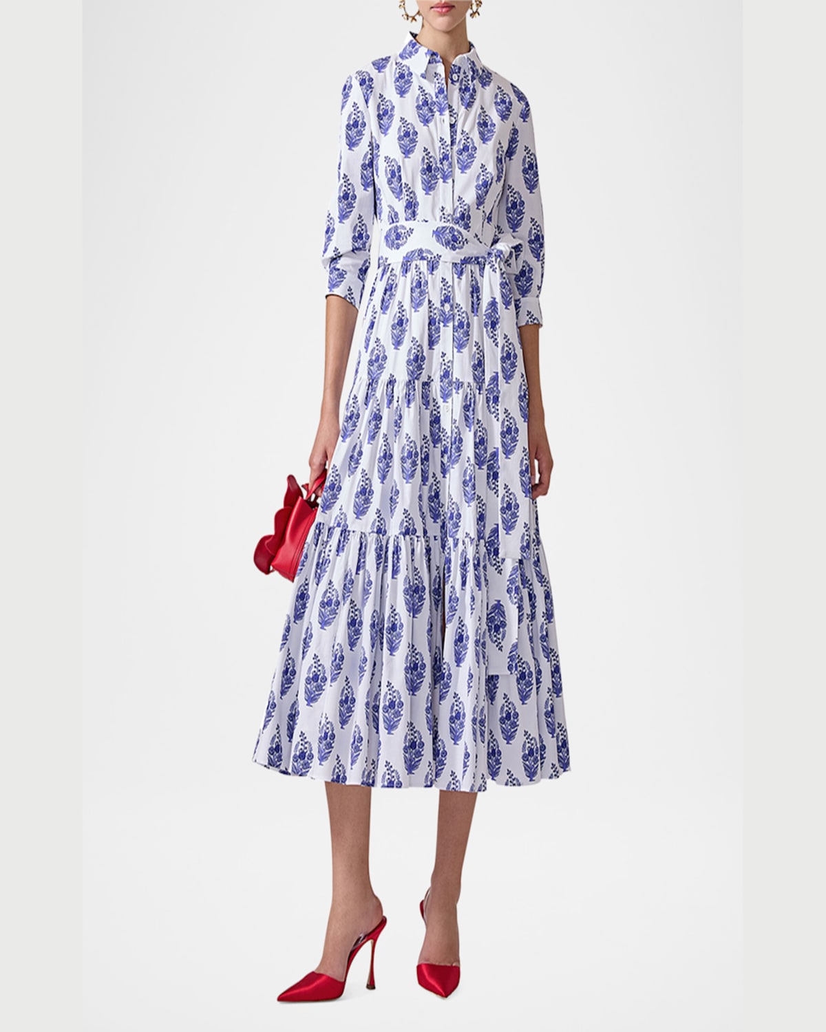 Shop Carolina Herrera 3/4-sleeve Tiered Midi Shirtdress