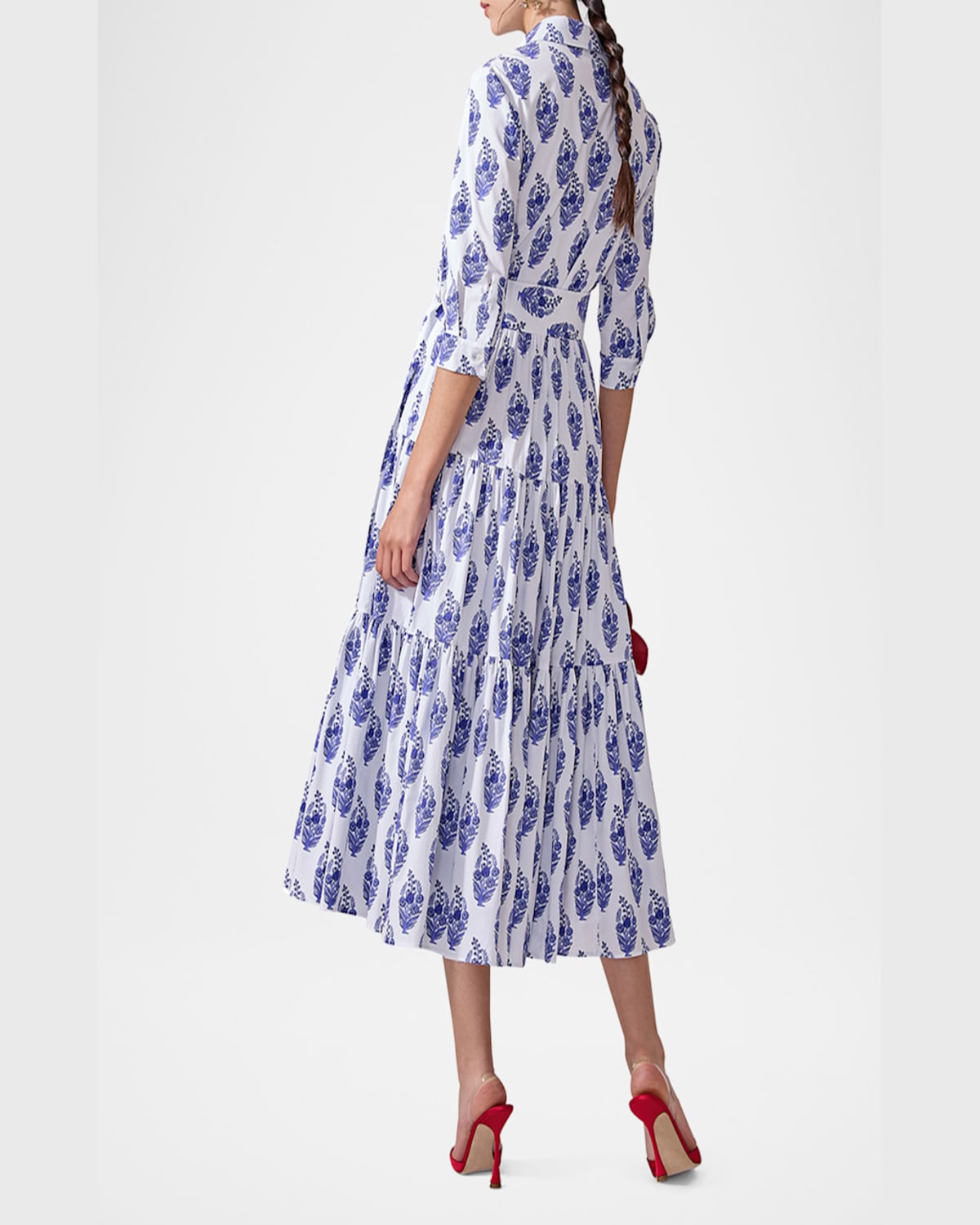 Shop Carolina Herrera 3/4-sleeve Tiered Midi Shirtdress
