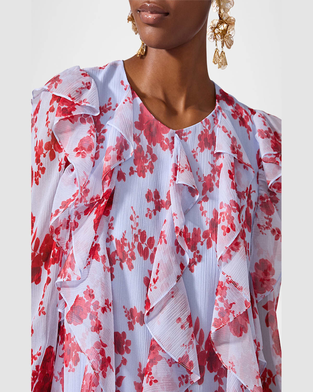 Carolina Herrera Floral Print Long Sleeve Tiered Ruffle Silk Chiffon Minidress
