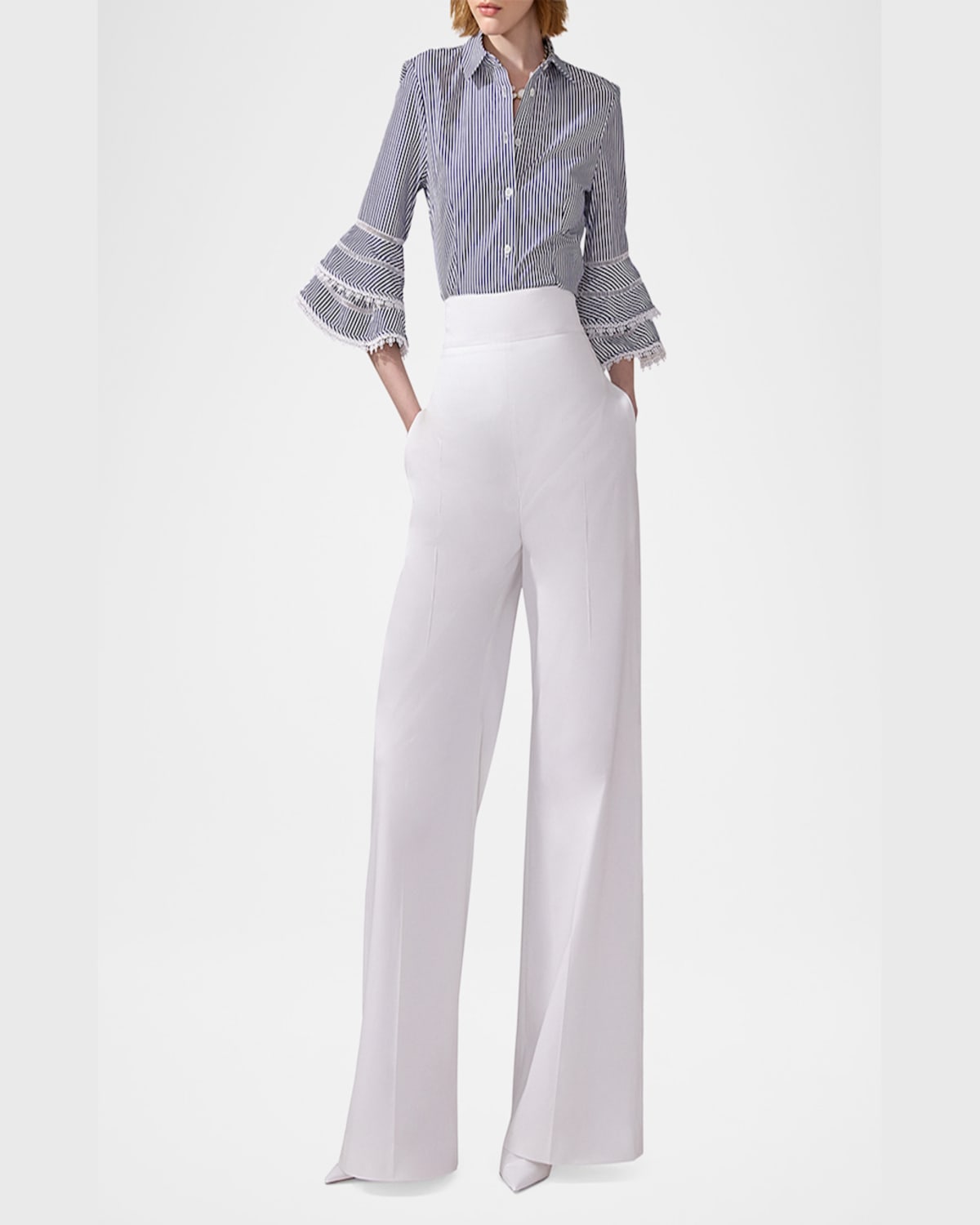 Shop Carolina Herrera Stripe Tiered Ruffle Sleeve Button Down Top