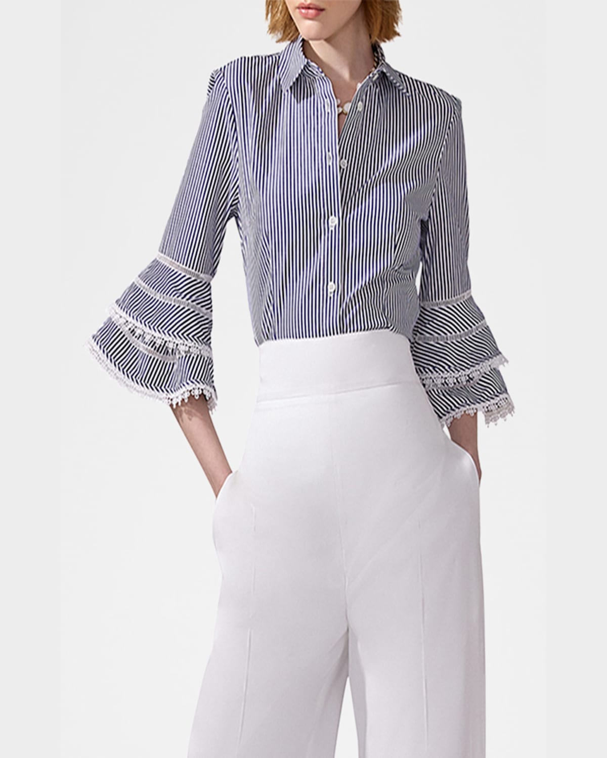 Shop Carolina Herrera Stripe Tiered Ruffle Sleeve Button Down Top