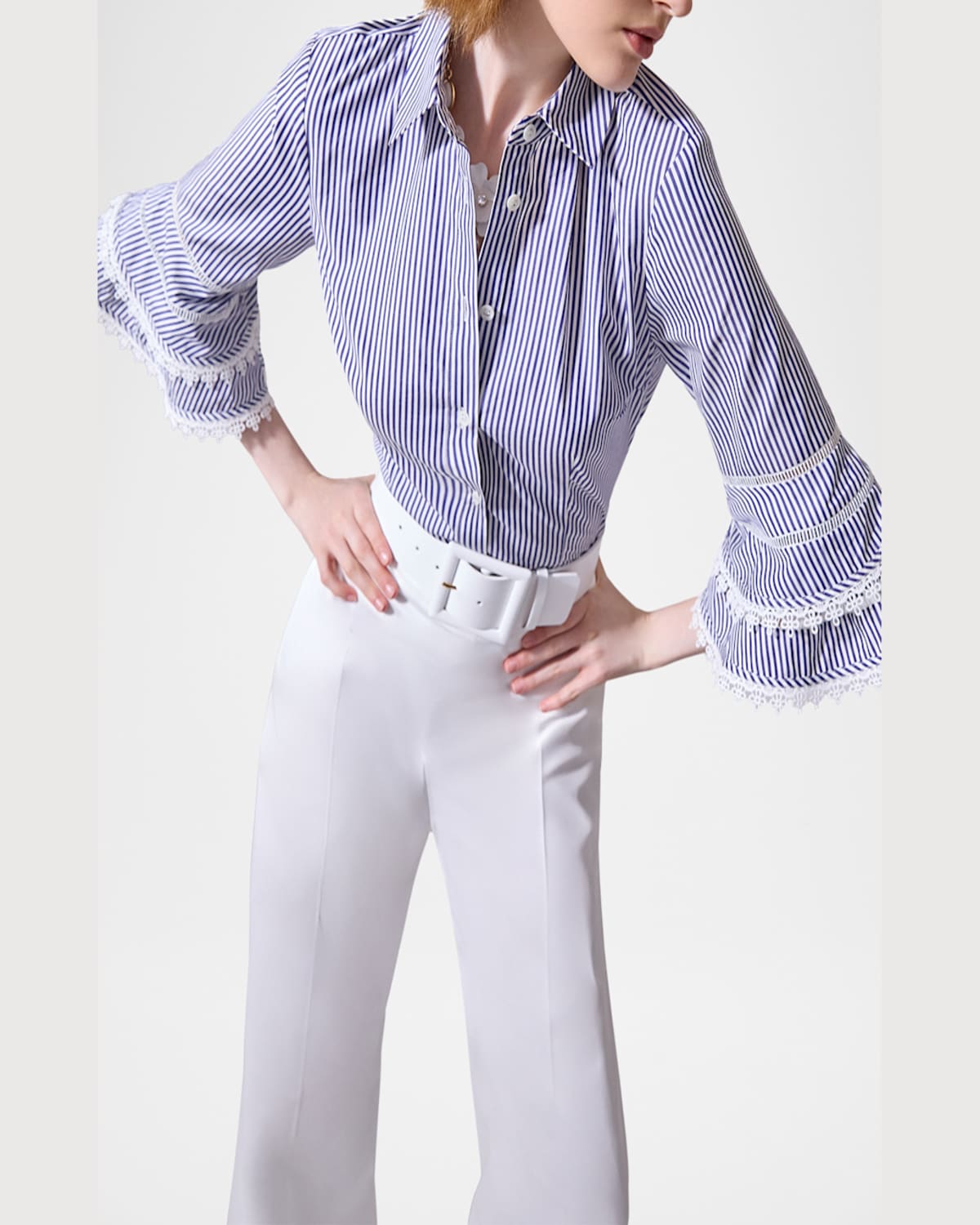 Shop Carolina Herrera Stripe Tiered Ruffle Sleeve Button Down Top
