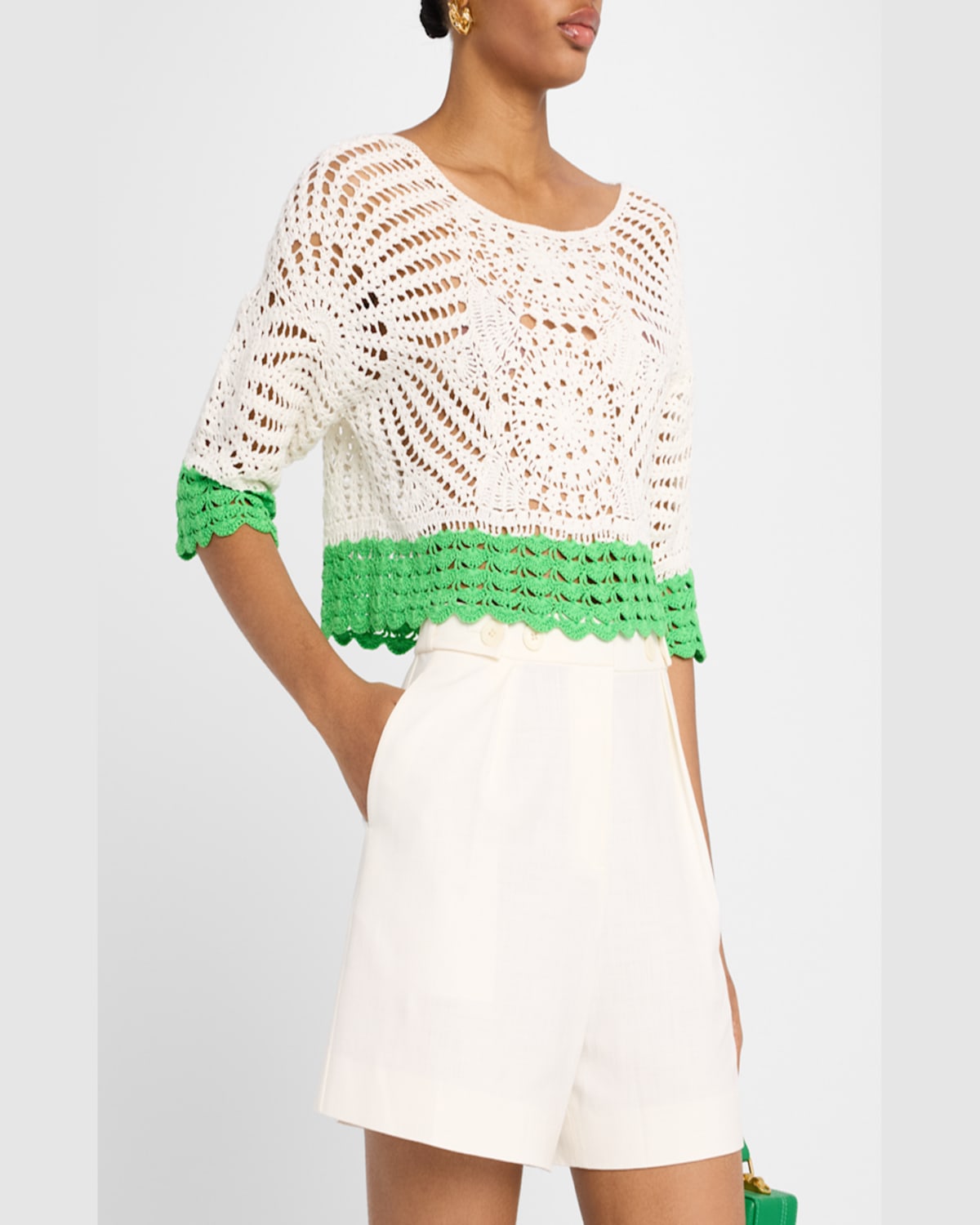 Shop Ramy Brook Kristina Cropped Crochet Top In Ivory/tropic Green C