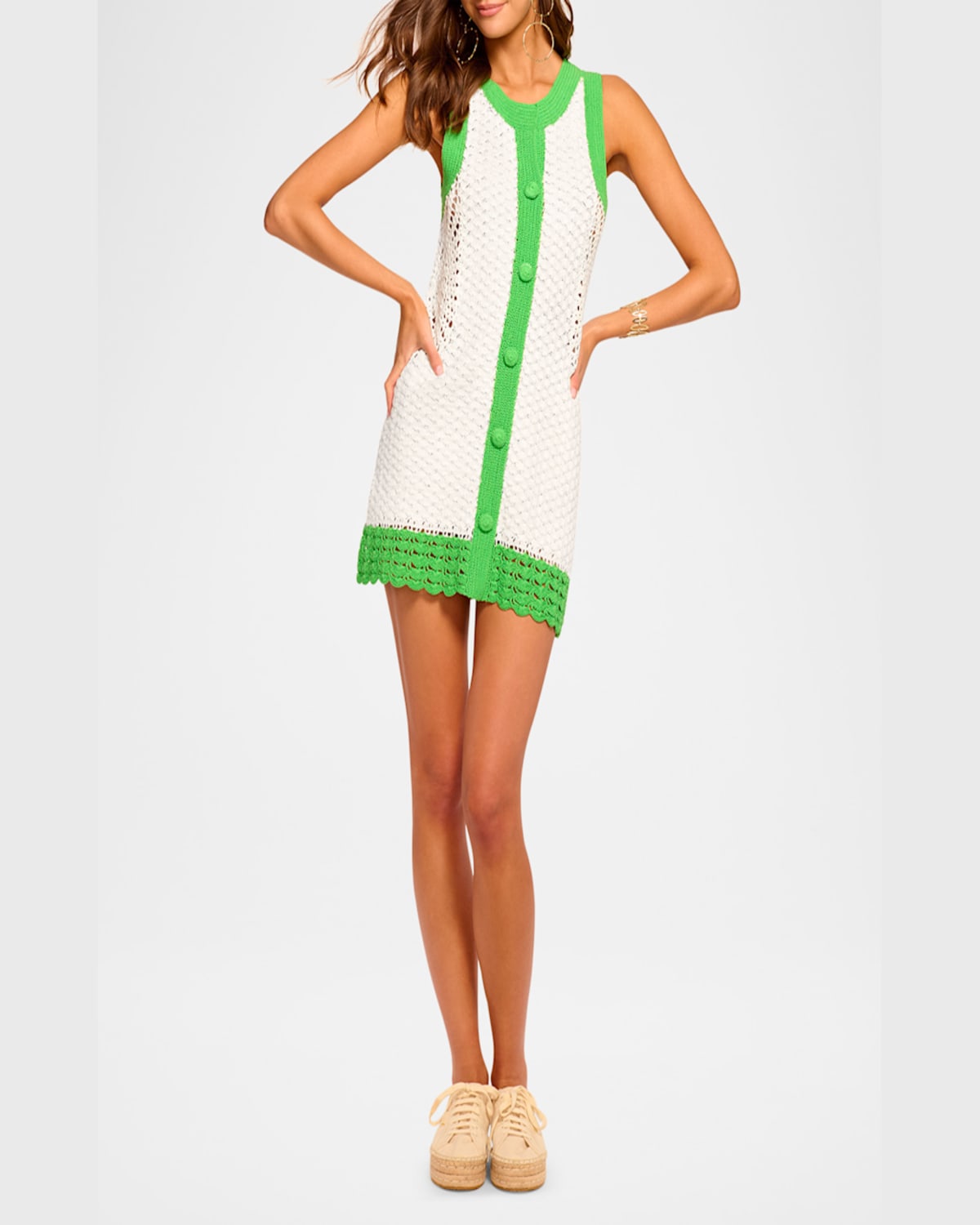 Shop Ramy Brook Chelsea Crochet Button-front Mini Dress In Ivory/tropic Green C