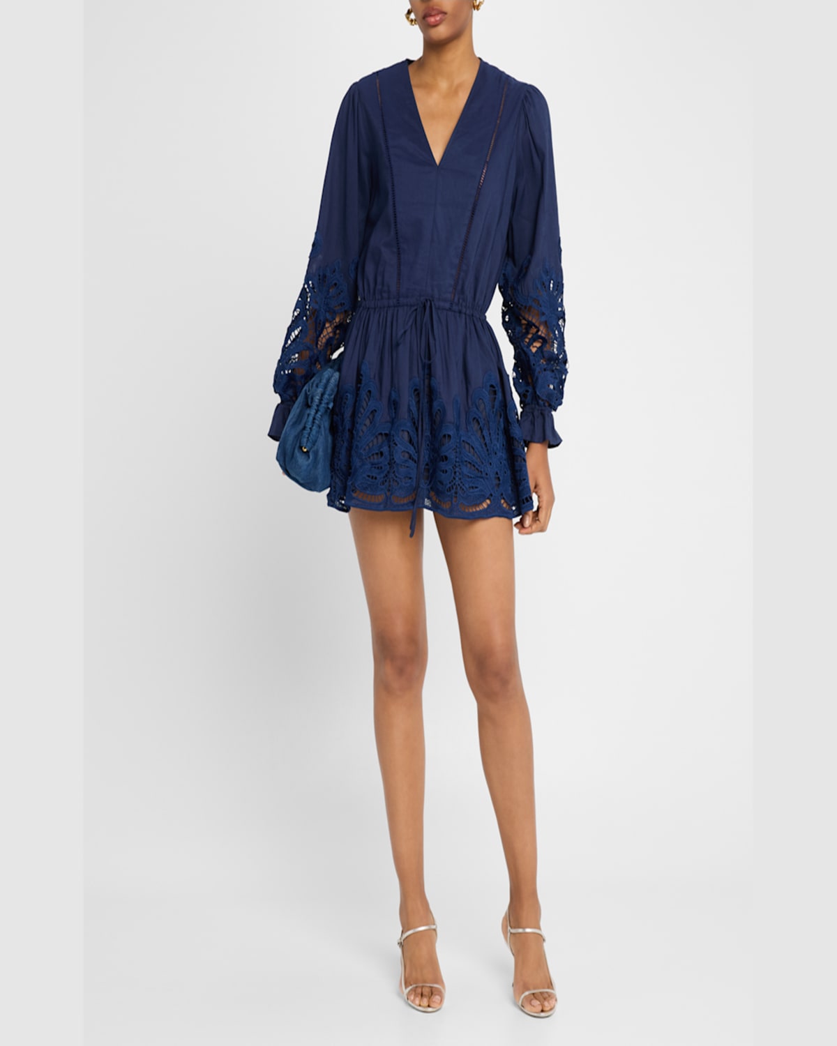 Ramy Brook Ingrid Mixed Media Sleeveless Minidress In Spring Navy Eyelet
