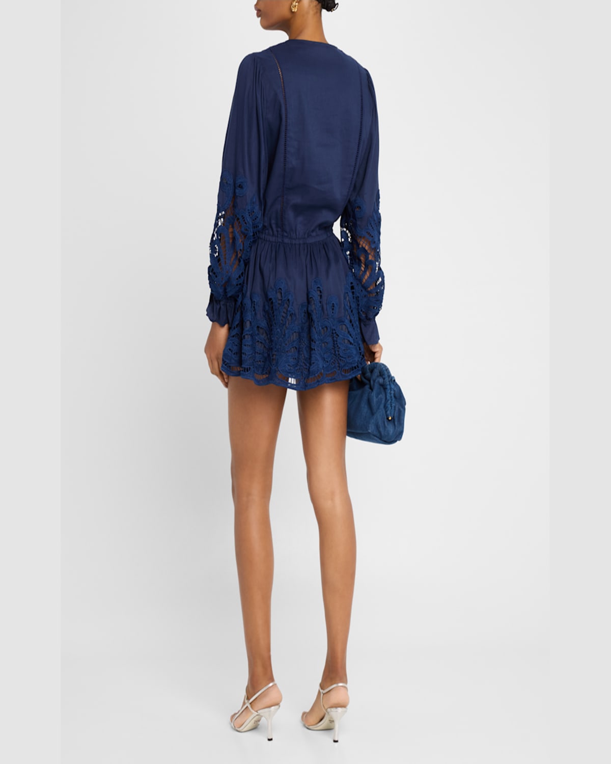 Ramy Brook Ingrid Mixed Media Sleeveless Minidress In Spring Navy Eyelet