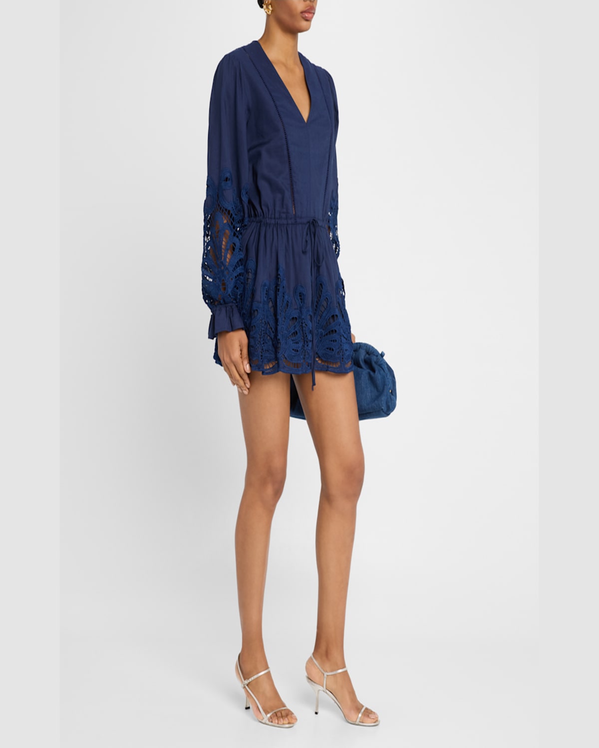 Ramy Brook Ingrid Mixed Media Sleeveless Minidress In Spring Navy Eyelet