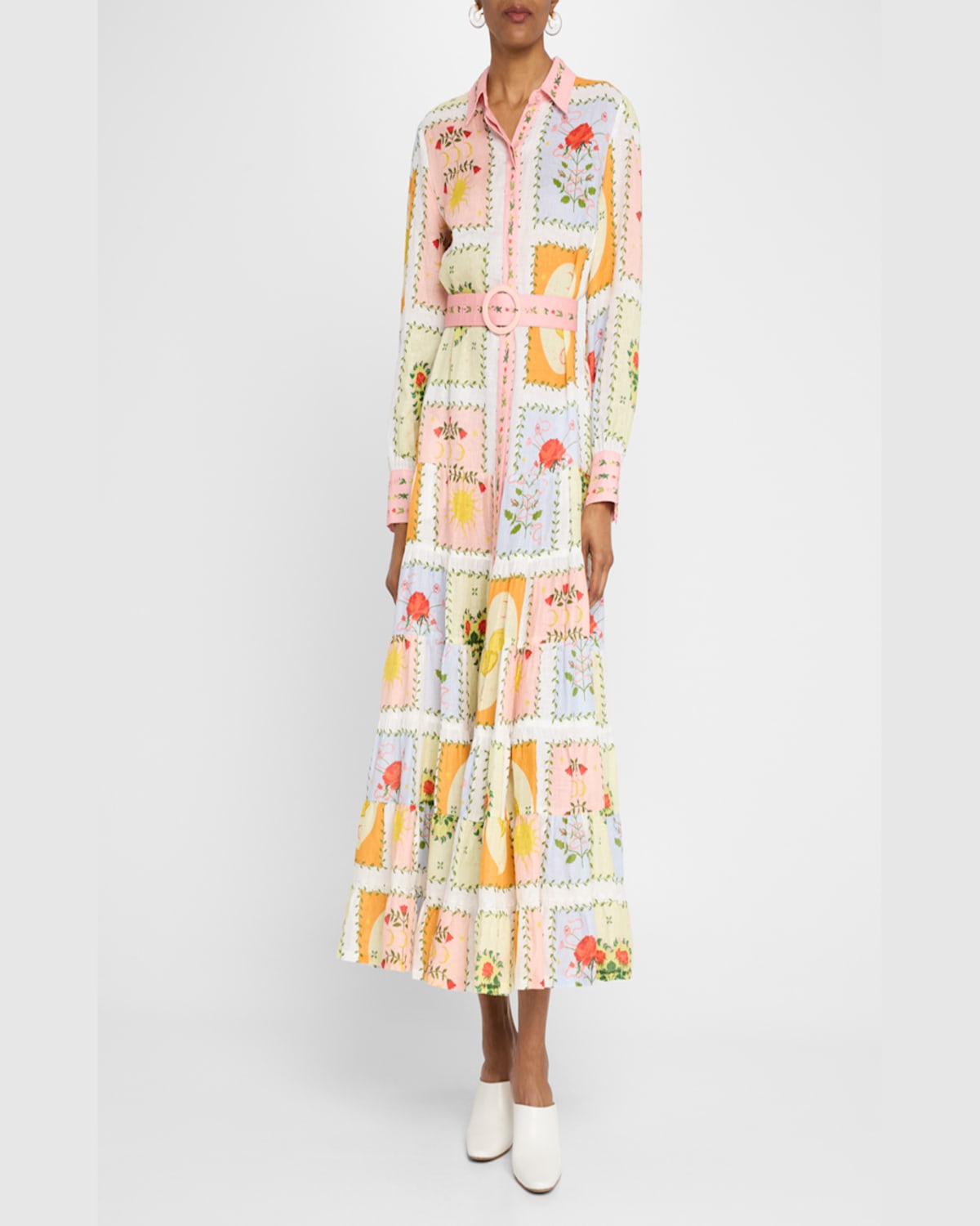 Palm Noosa Aria Tiered Tile-print Linen Maxi Shirtdress In Siesta Tile
