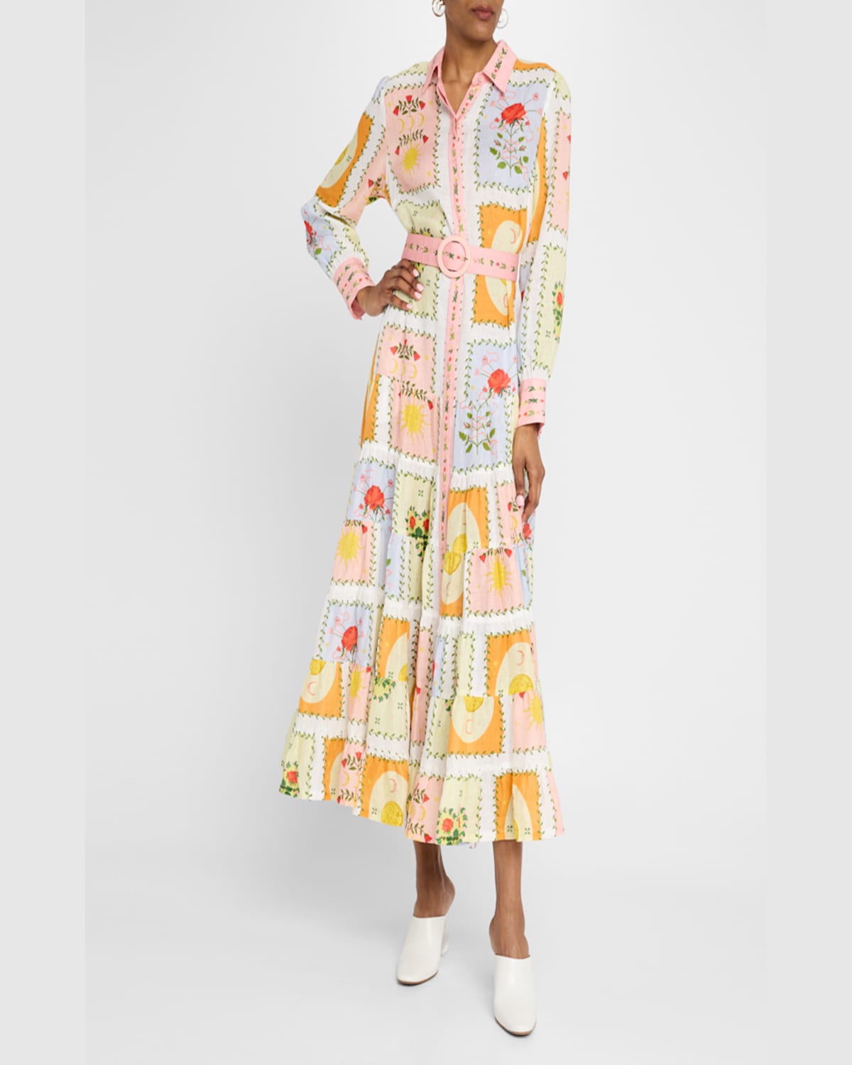Palm Noosa Aria Tiered Tile-print Linen Maxi Shirtdress In Siesta Tile