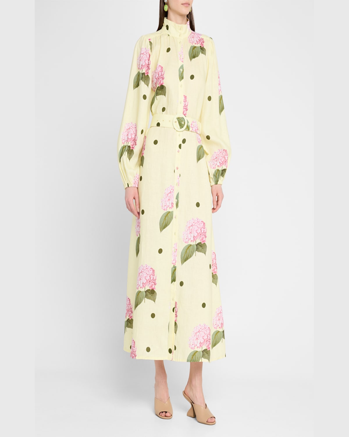 Palm Noosa Noddy Belted Floral-print Linen Midi Shirtdress In Porto Fino Polka Dot