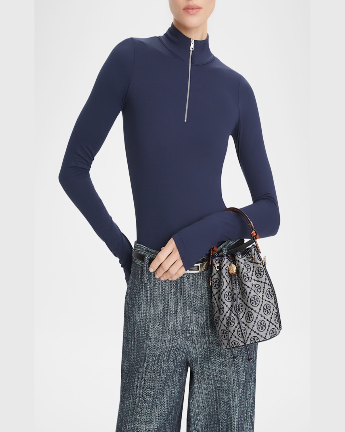Tory Burch Mini T Monogram Canvas Bucket Bag In Tory Navy