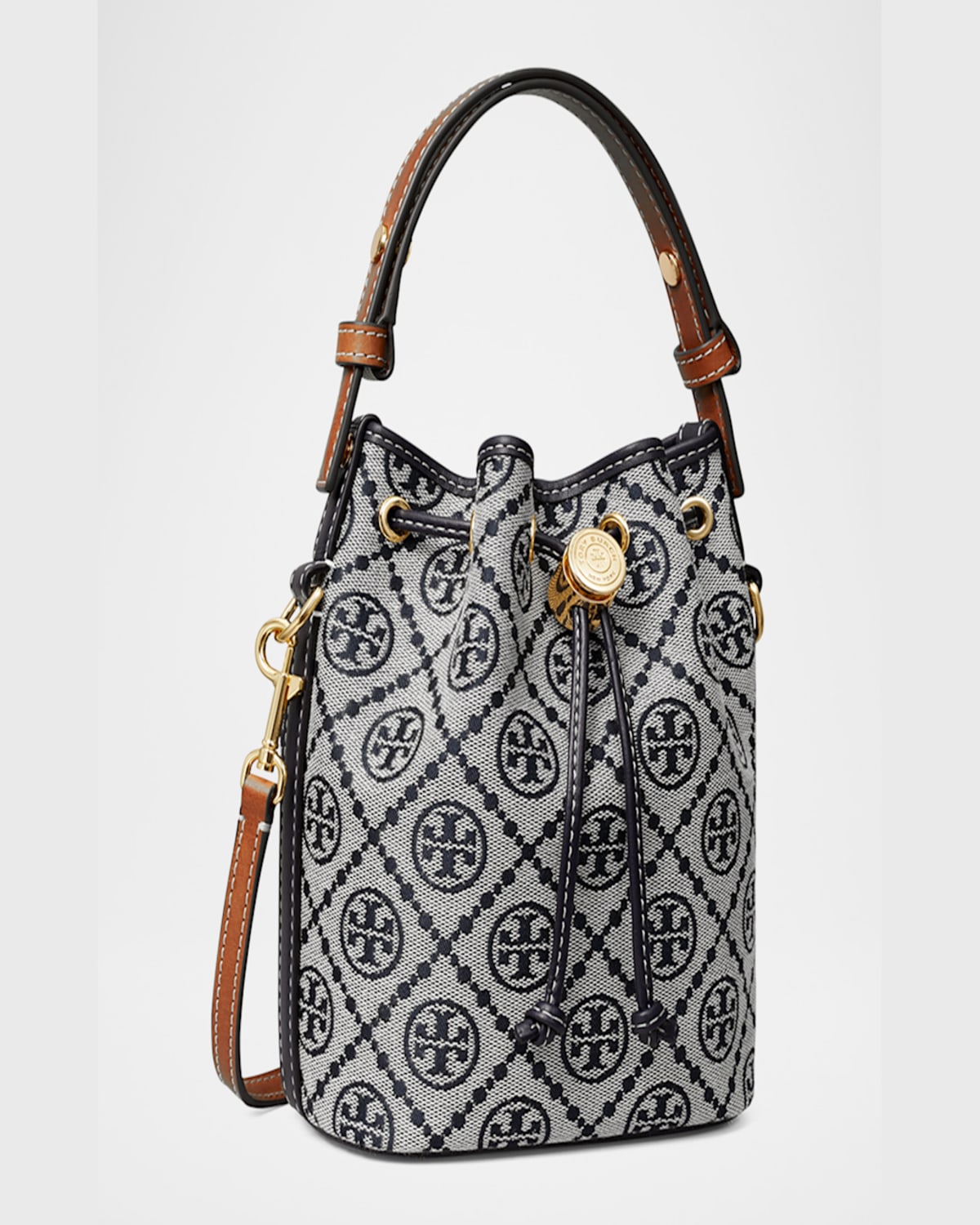 Tory Burch Mini T Monogram Canvas Bucket Bag In Tory Navy