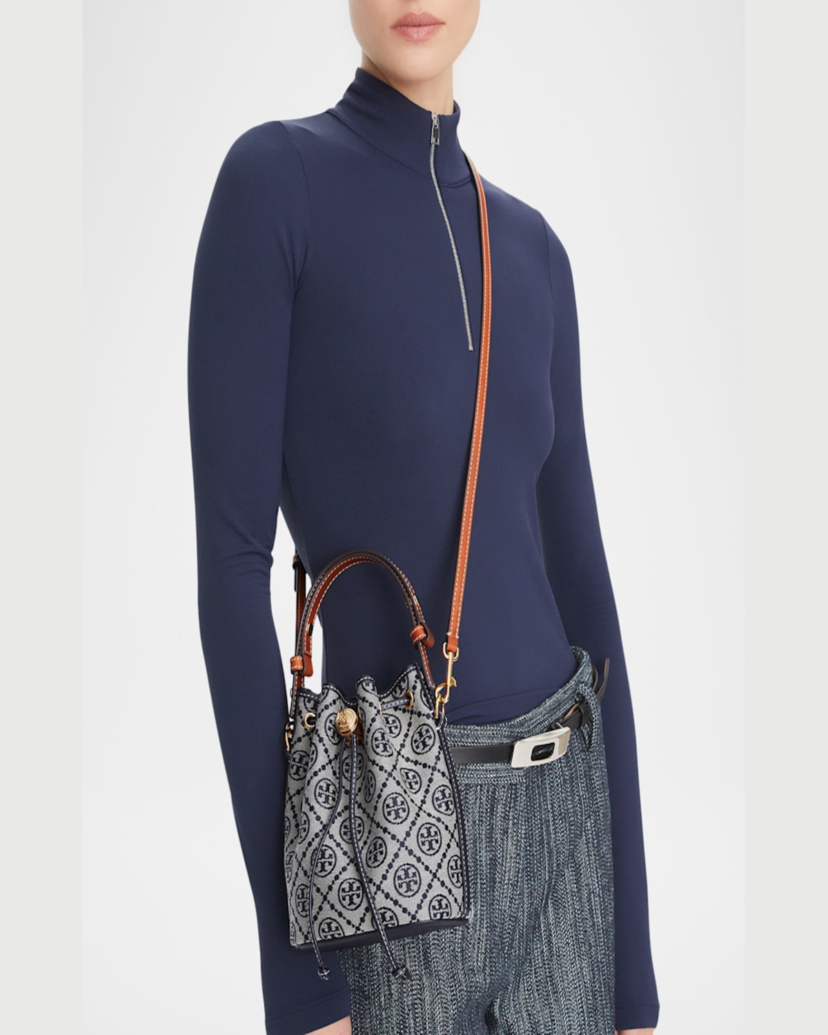 Tory Burch Mini T Monogram Canvas Bucket Bag In Tory Navy