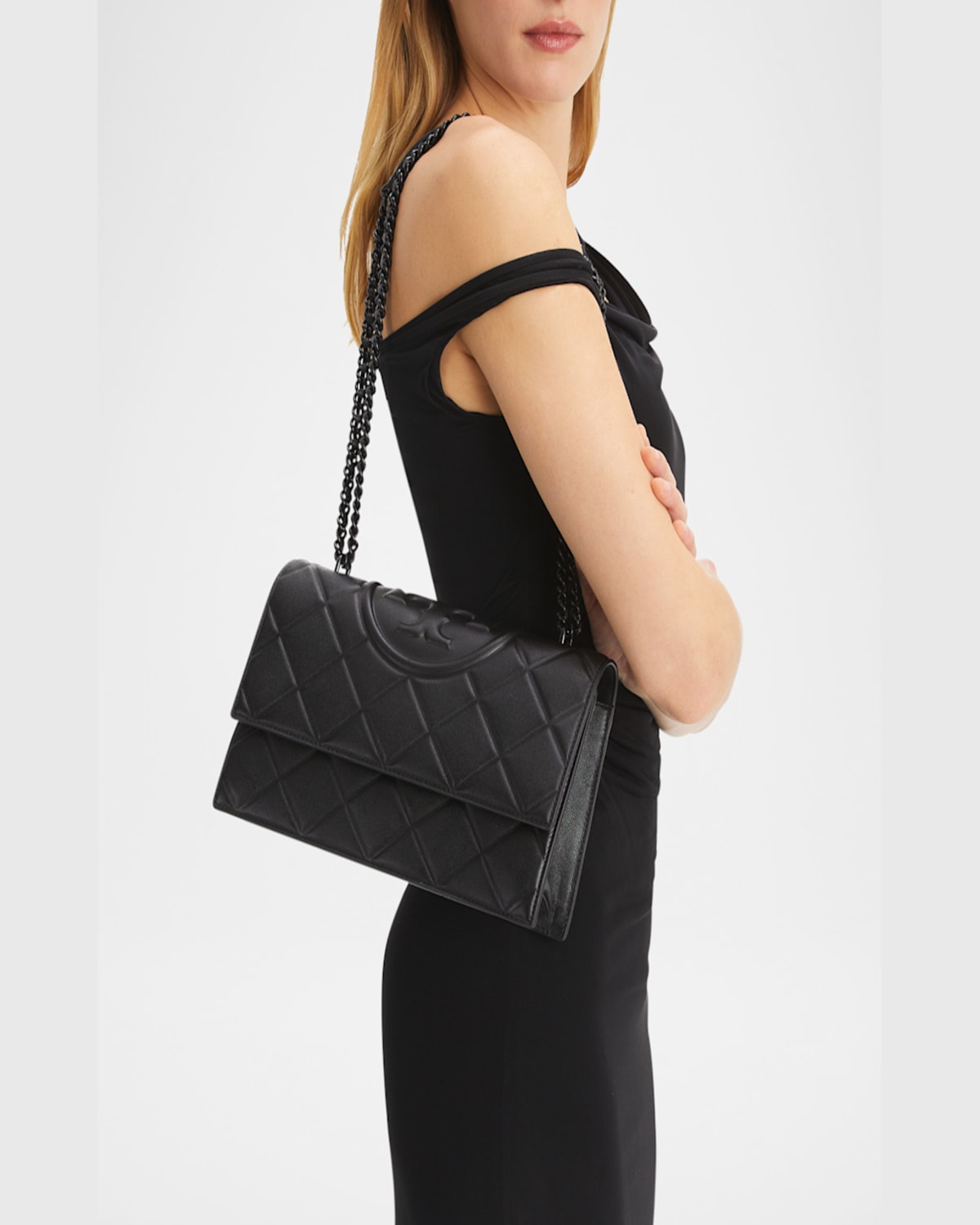 Tory Burch Fleming Polished-grain Convertible Shoulder Bag In Black