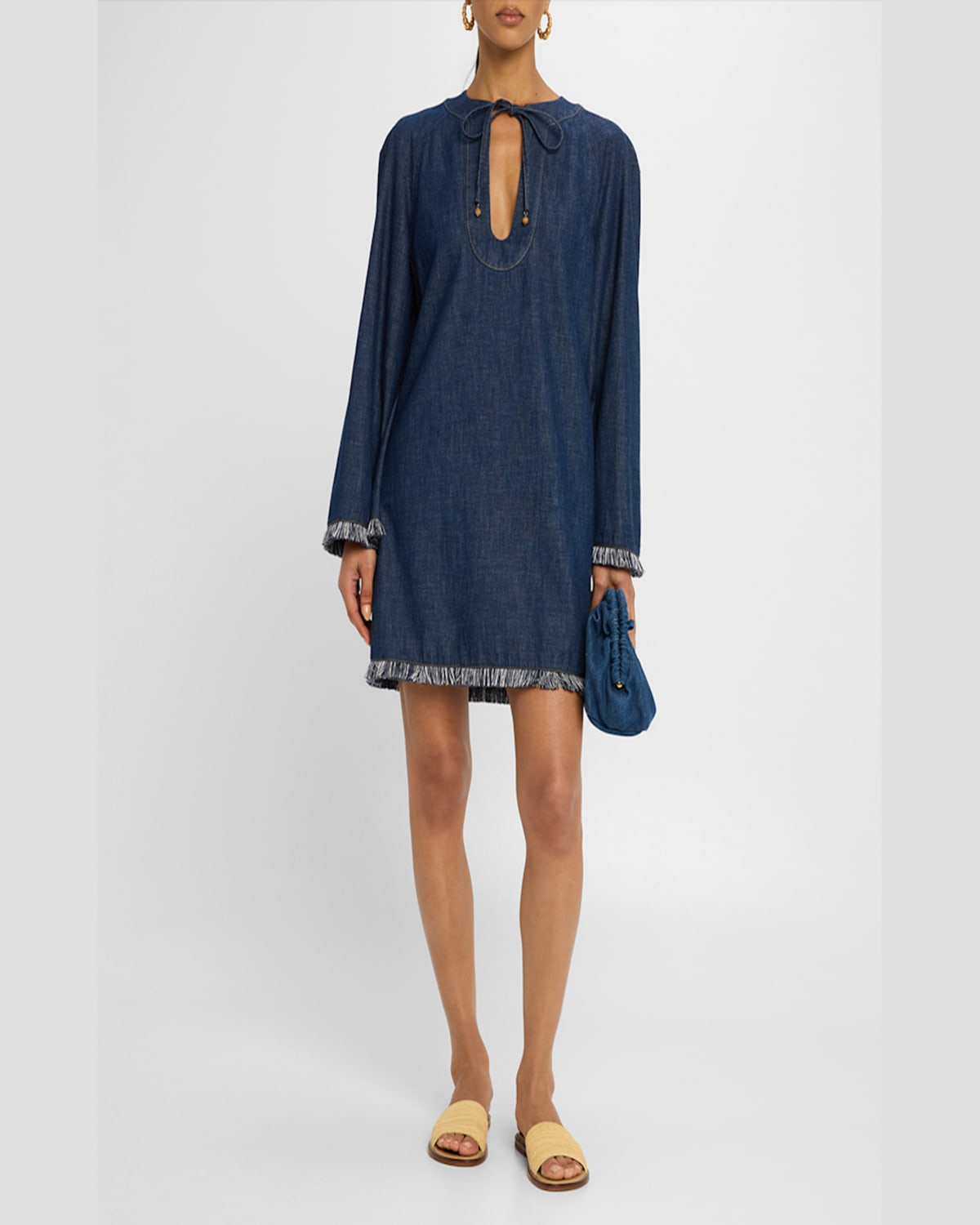 Shop Zimmermann Rhiannon Fringe Denim Mini Dress In Atlantic