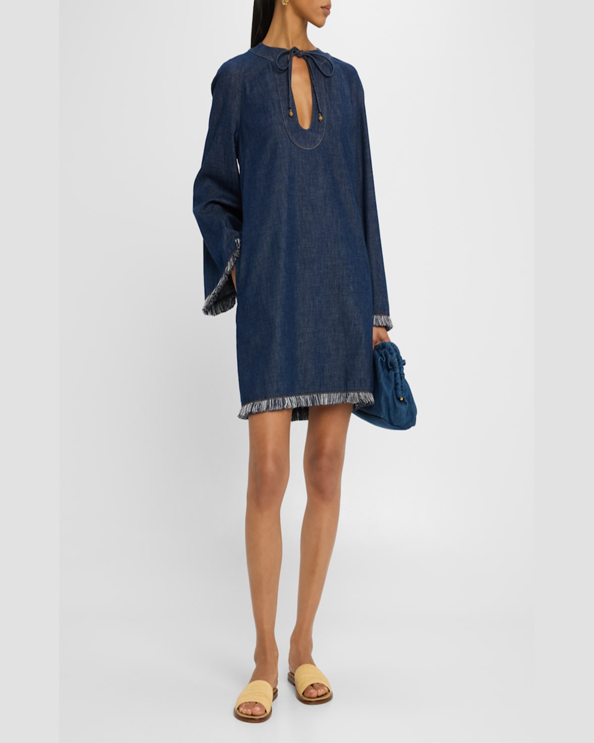 Shop Zimmermann Rhiannon Fringe Denim Mini Dress In Atlantic