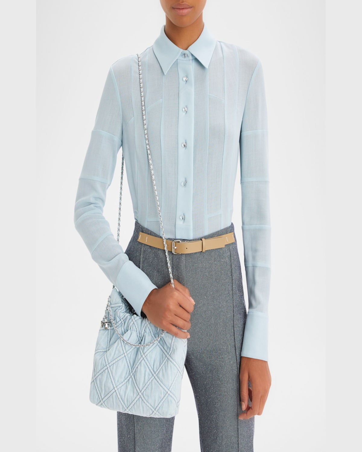 Tory Burch Fleming Mini Quilted Denim Hobo Bag In Seltzer