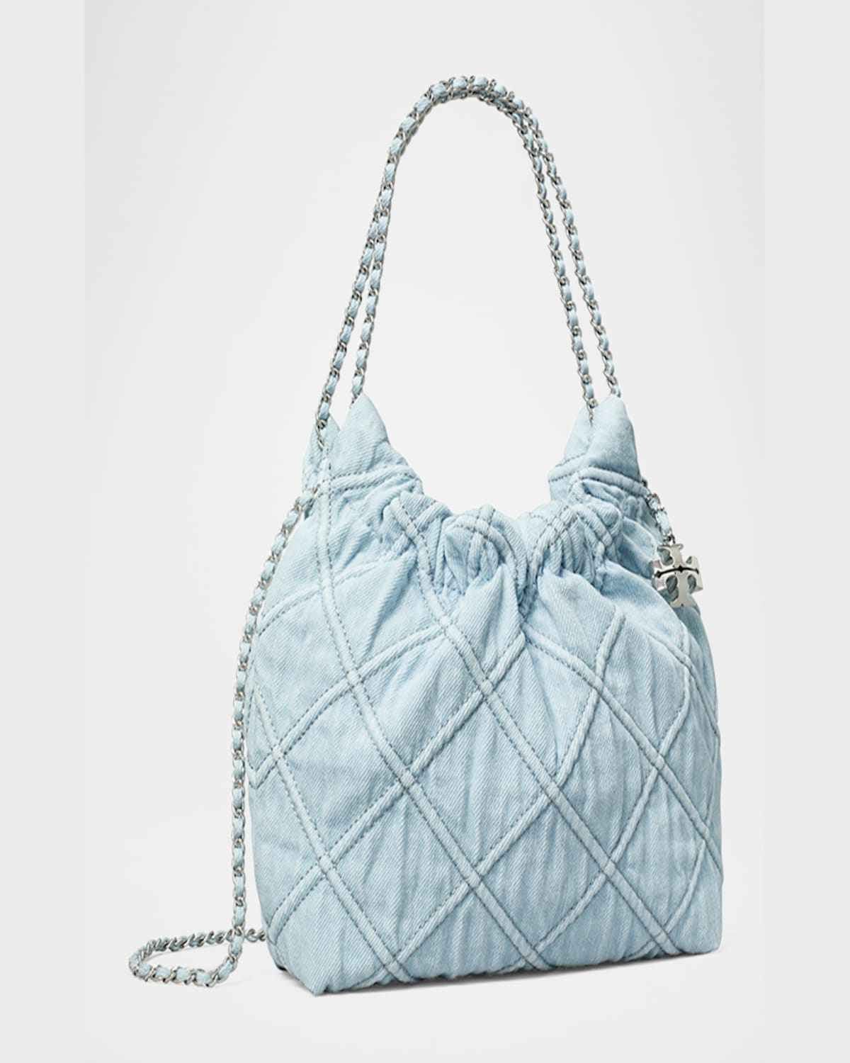 Tory Burch Fleming Mini Quilted Denim Hobo Bag In Seltzer