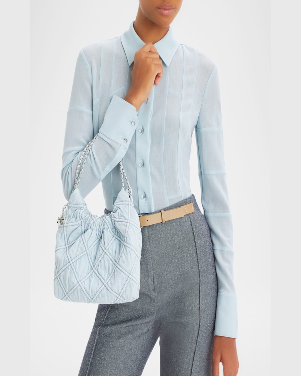 Tory Burch Fleming Mini Quilted Denim Hobo Bag In Seltzer