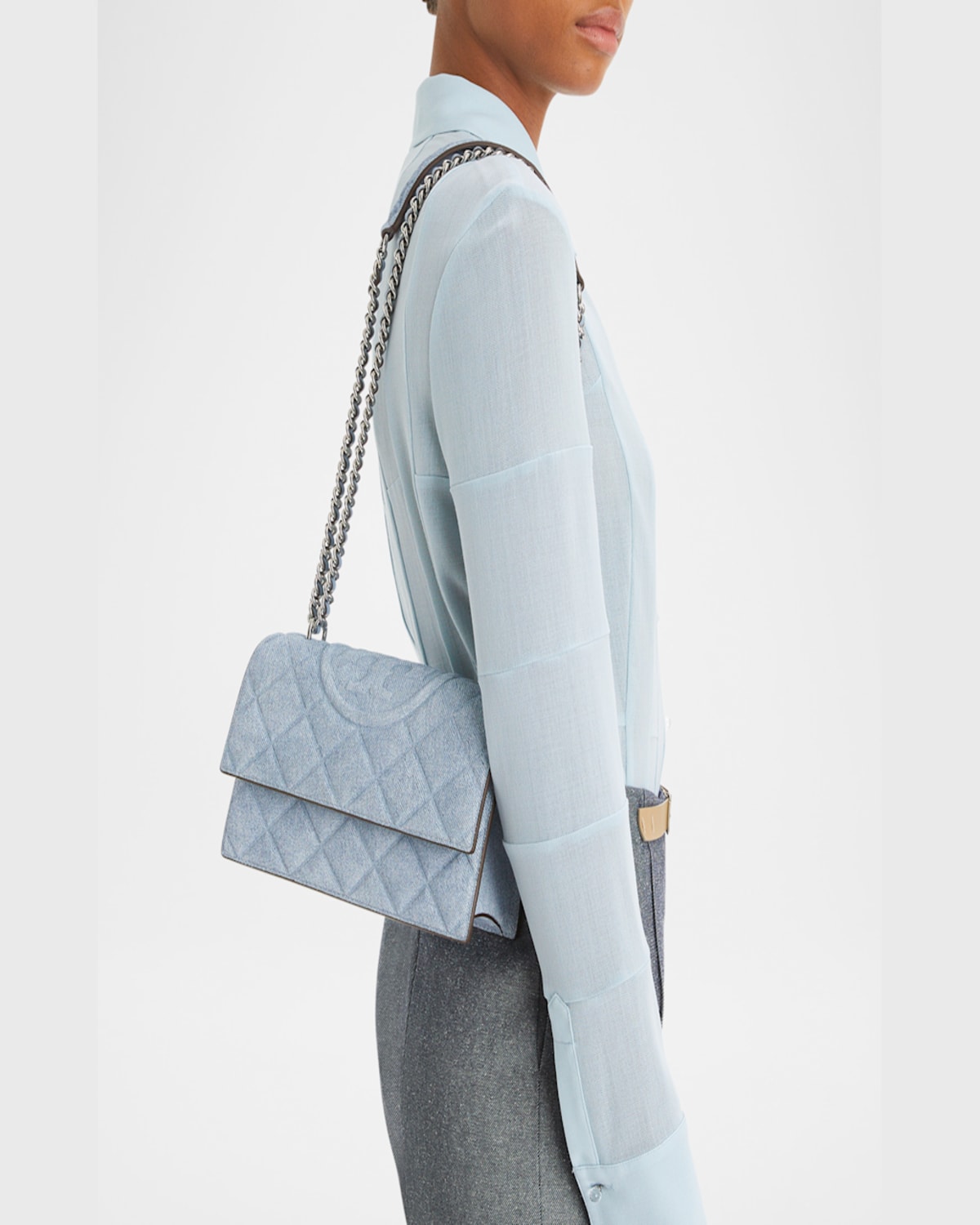 Tory Burch Fleming Small Convertible Denim Shoulder Bag In Medium Wash Denim