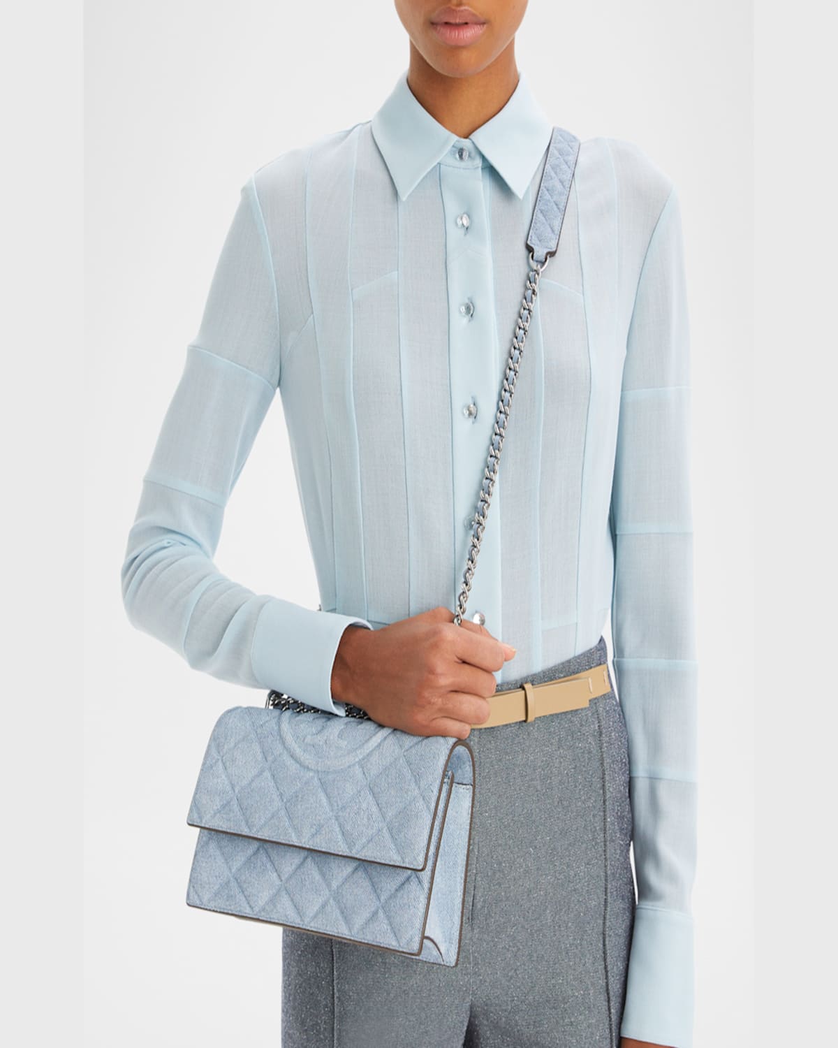 Tory Burch Fleming Small Convertible Denim Shoulder Bag In Medium Wash Denim