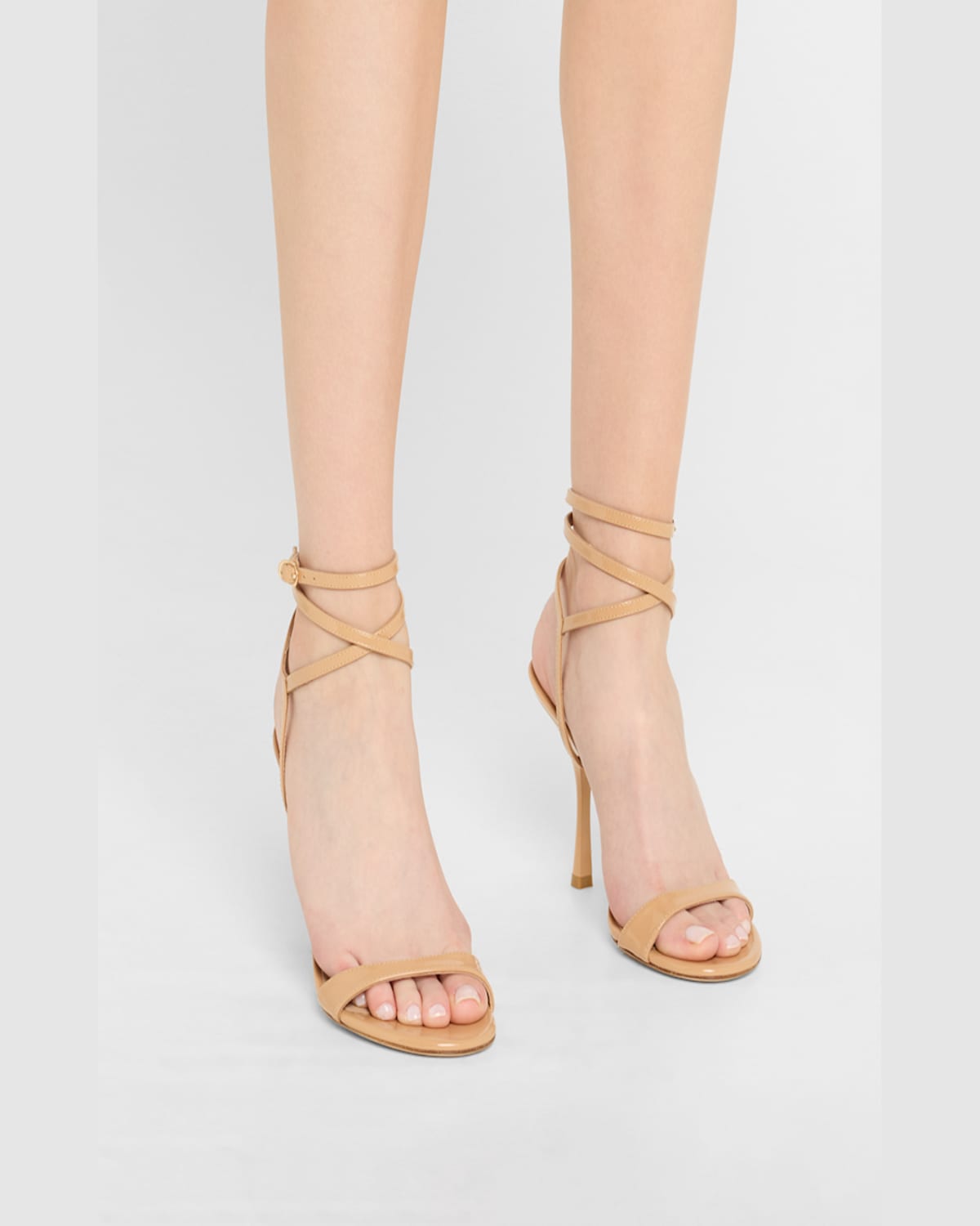Stuart Weitzman Nudist Patent Leather Ankle-wrap Sandals In Adobe