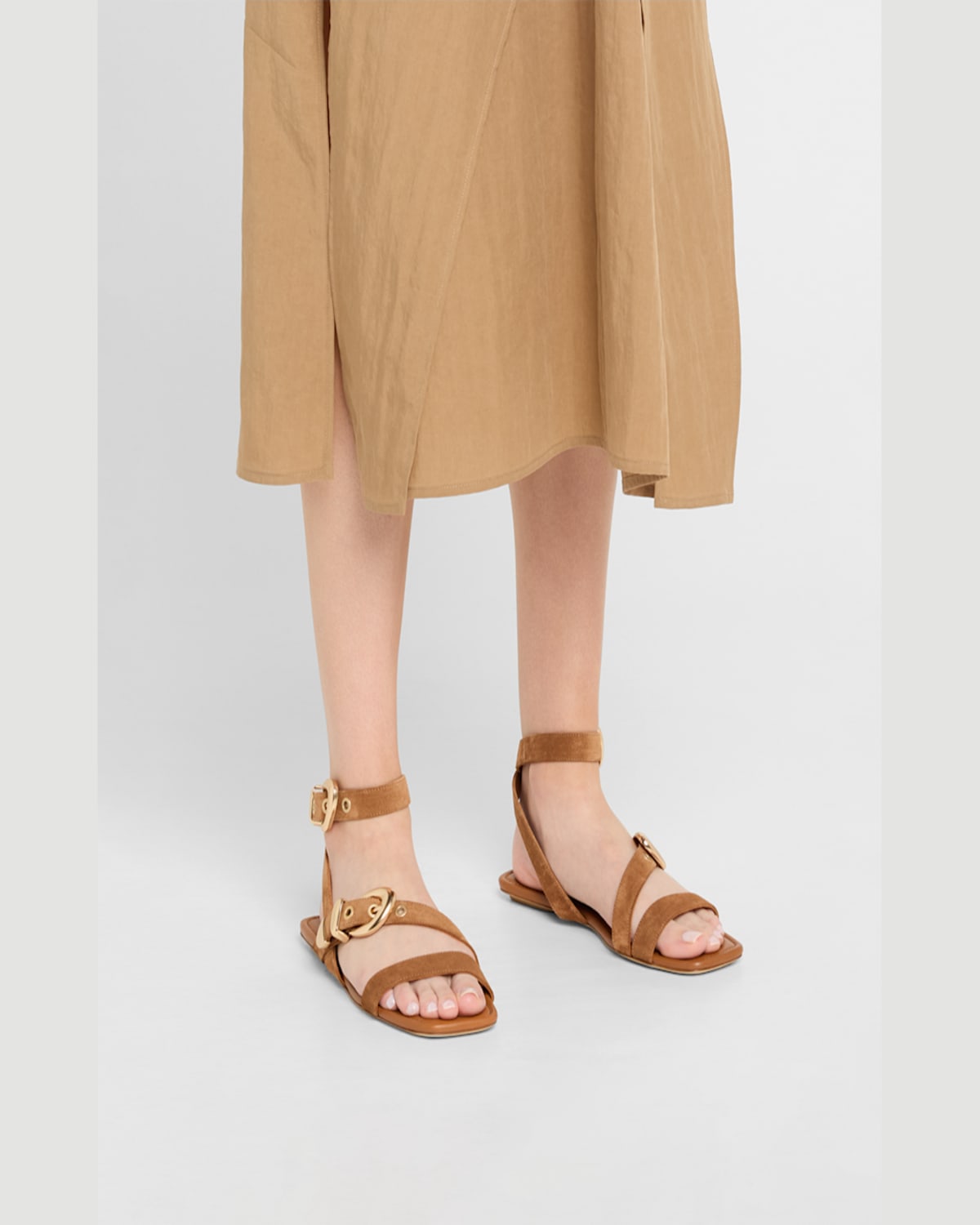 Stuart Weitzman Maven Suede Buckle Flat Sandals In Doe