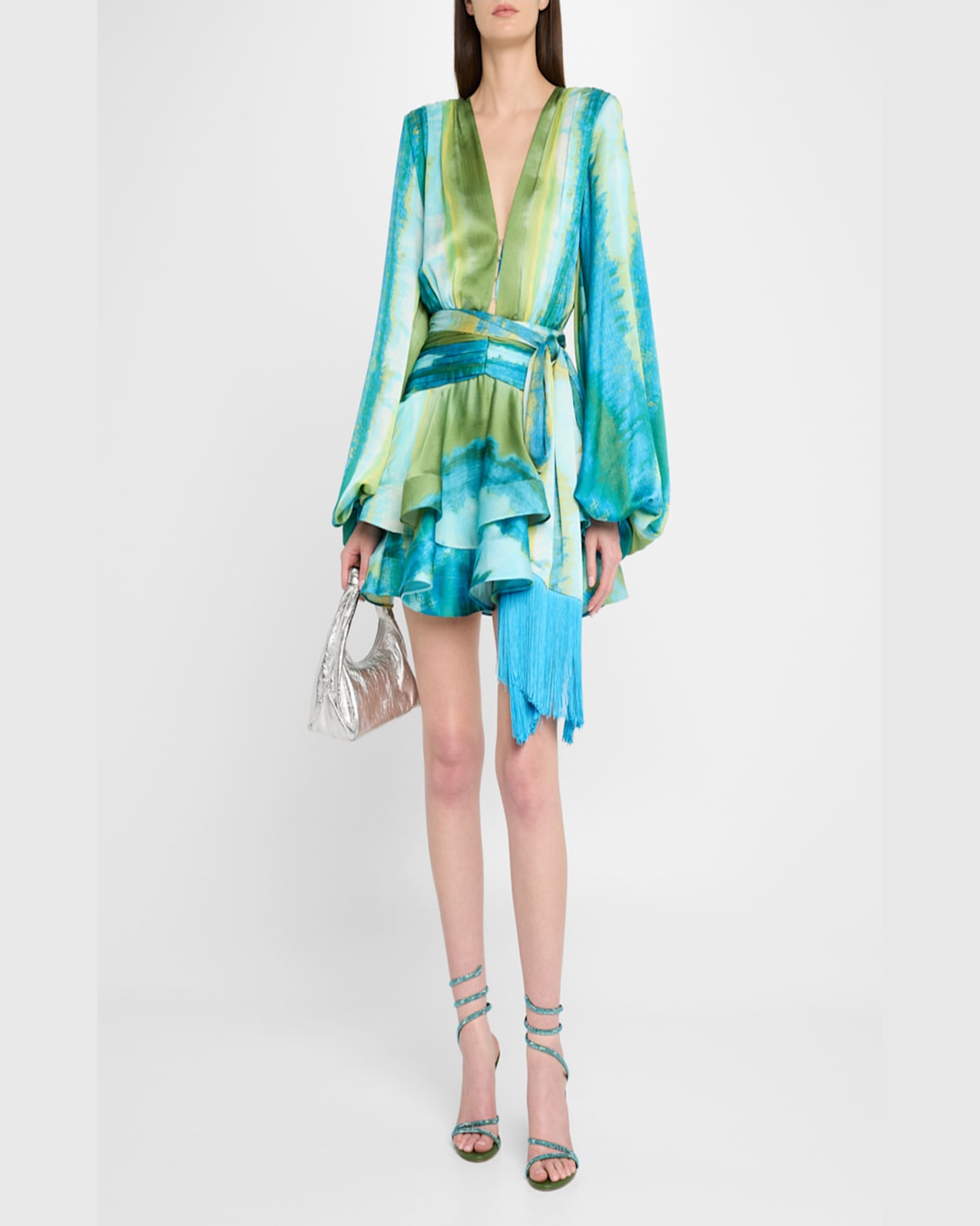 Bronx And Banco Bedouin Coastal Tiered Deep V-neck Mini Dress In Blue Multi